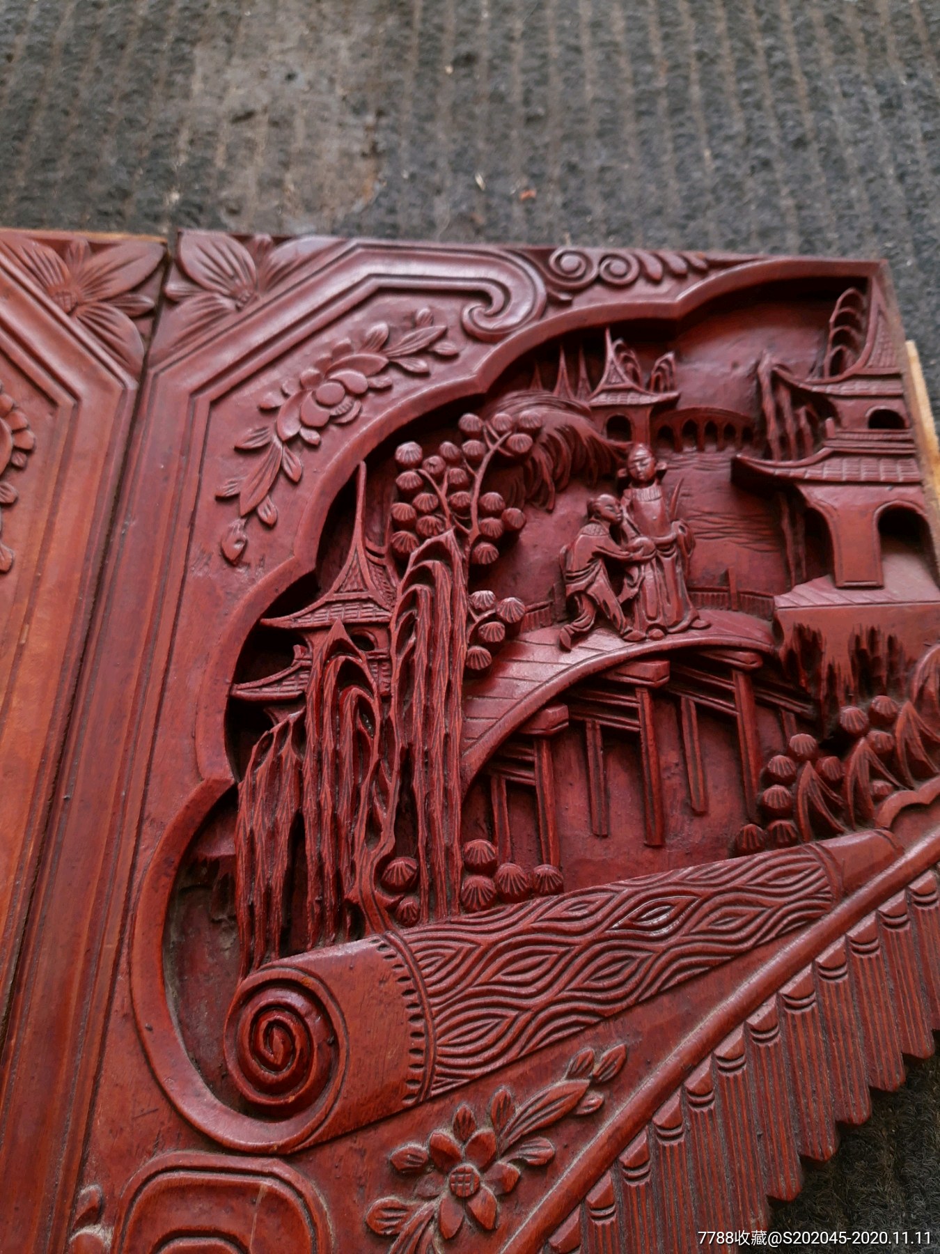 民国东阳工深浮雕山水人物书卷式板一对-木雕挂件-7788木艺