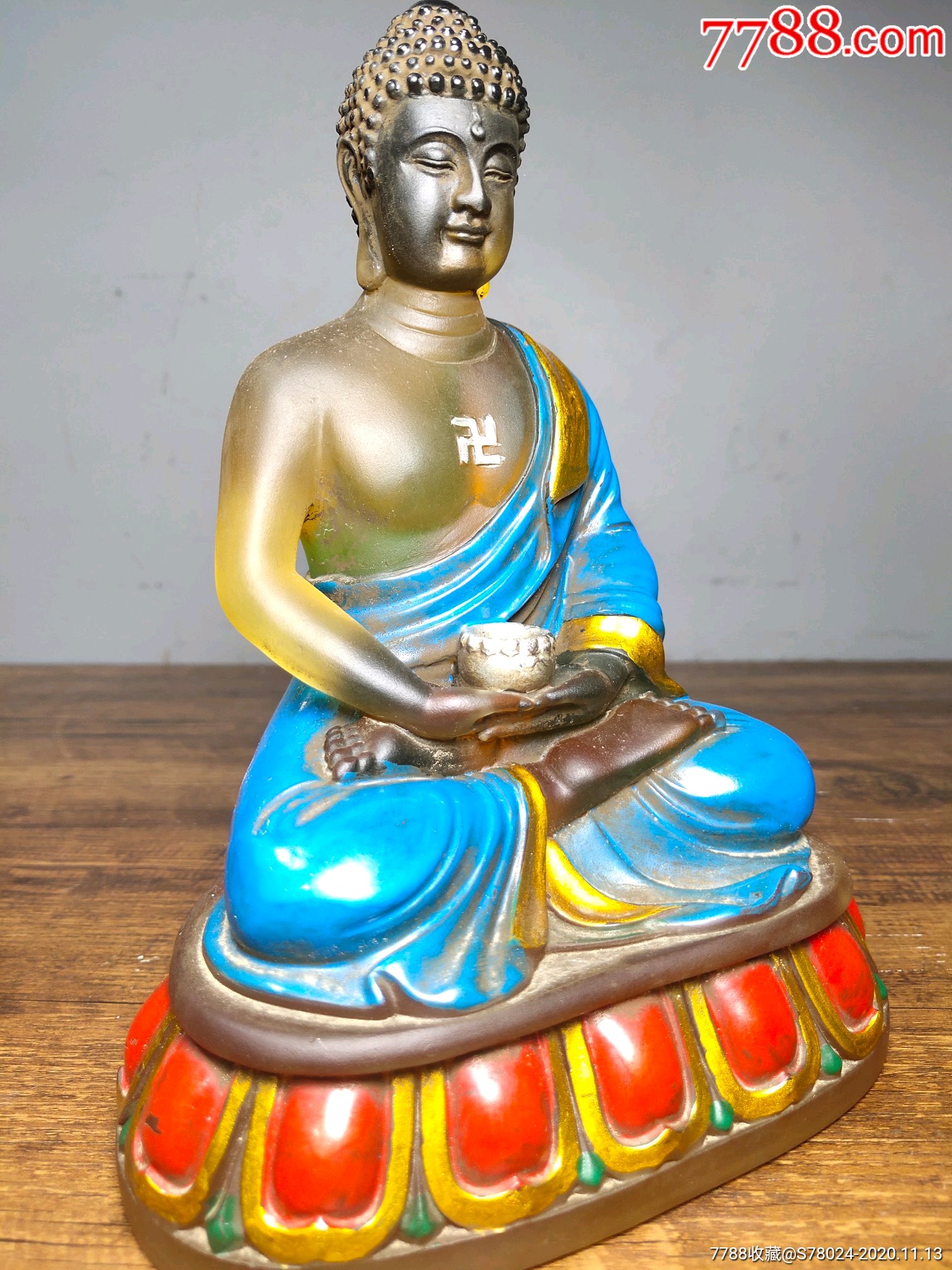 旧藏古法琉璃佛像释迦牟尼如来卍佛一尊恭请佛堂礼堂供奉摆件_琉璃像