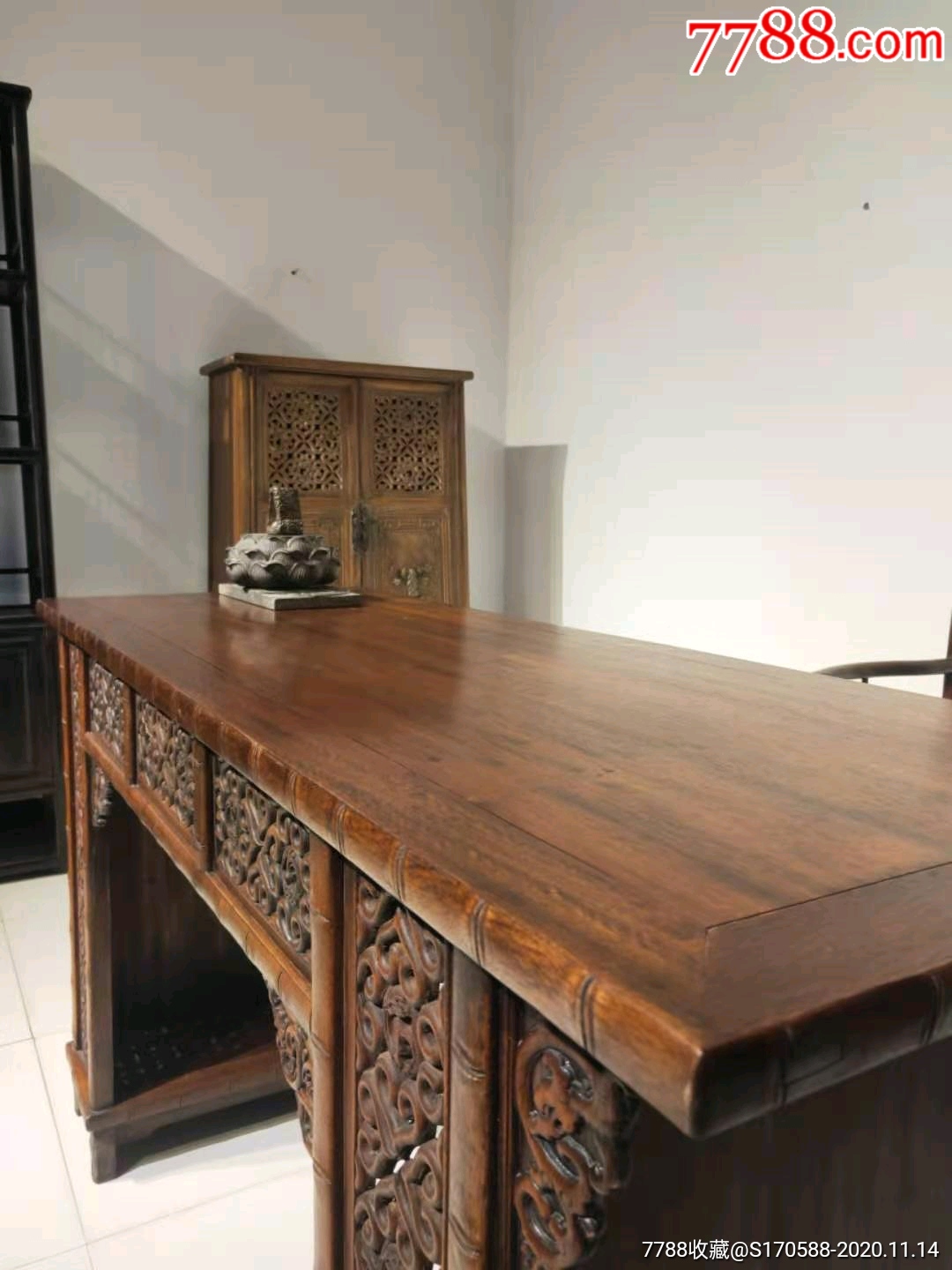 民国竹节书桌办公桌文房佳器此书桌制式高端造型独特美观两侧高浮雕刻