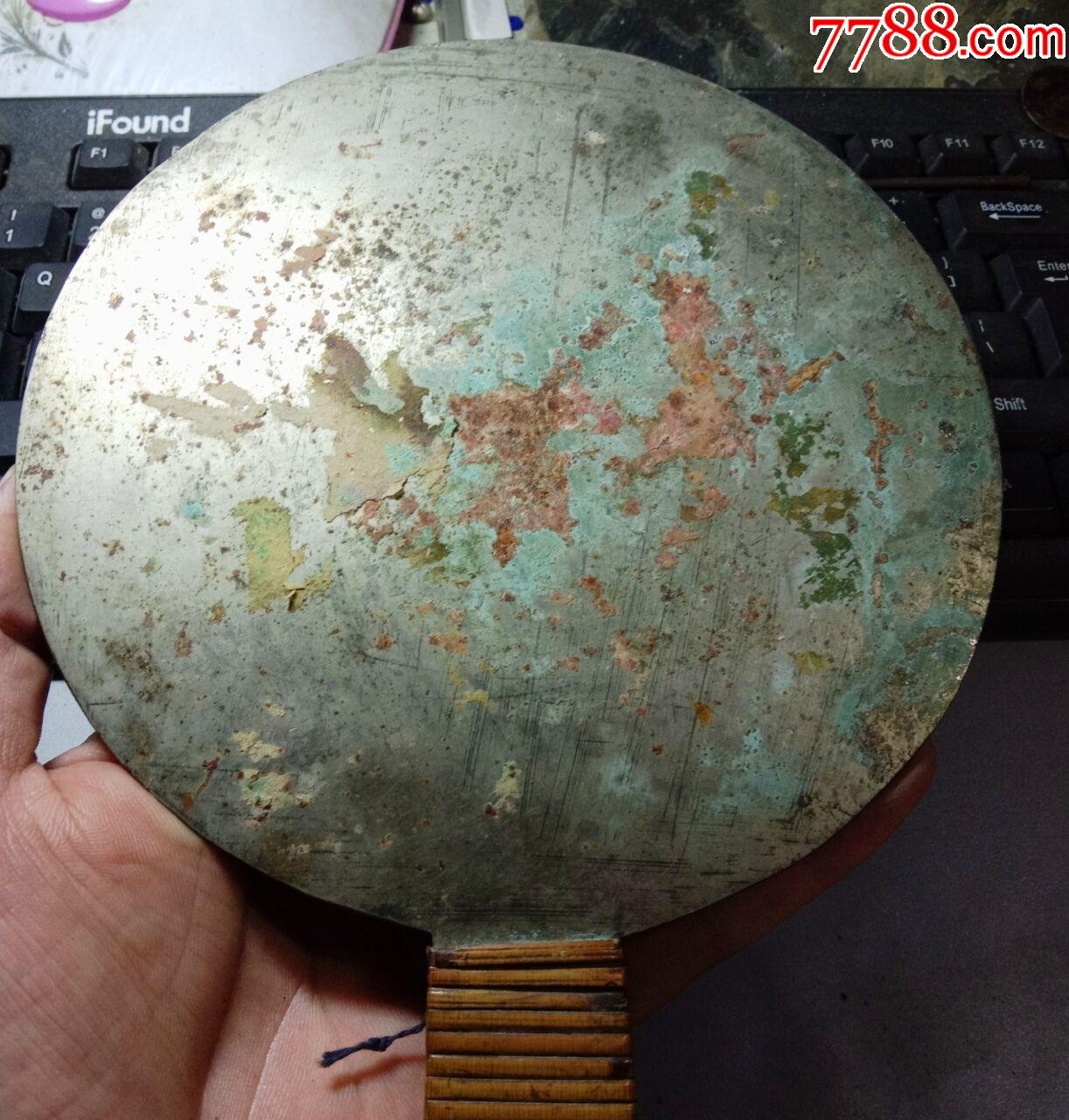 清代吴家款五福报喜手柄铜镜1枚