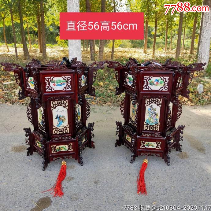 民国时期楠木雕刻龙头灯笼四面手绘八仙人物雕刻精细造型美观包浆自然