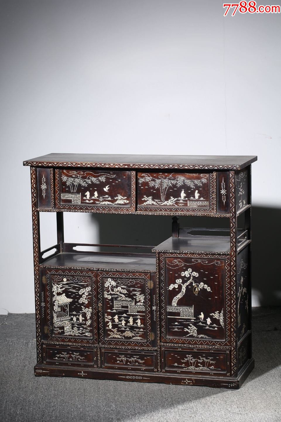 海外回流木胎黑漆嵌螺钿山水阁楼茶棚-其他旧漆器-7788烟酒茶牌