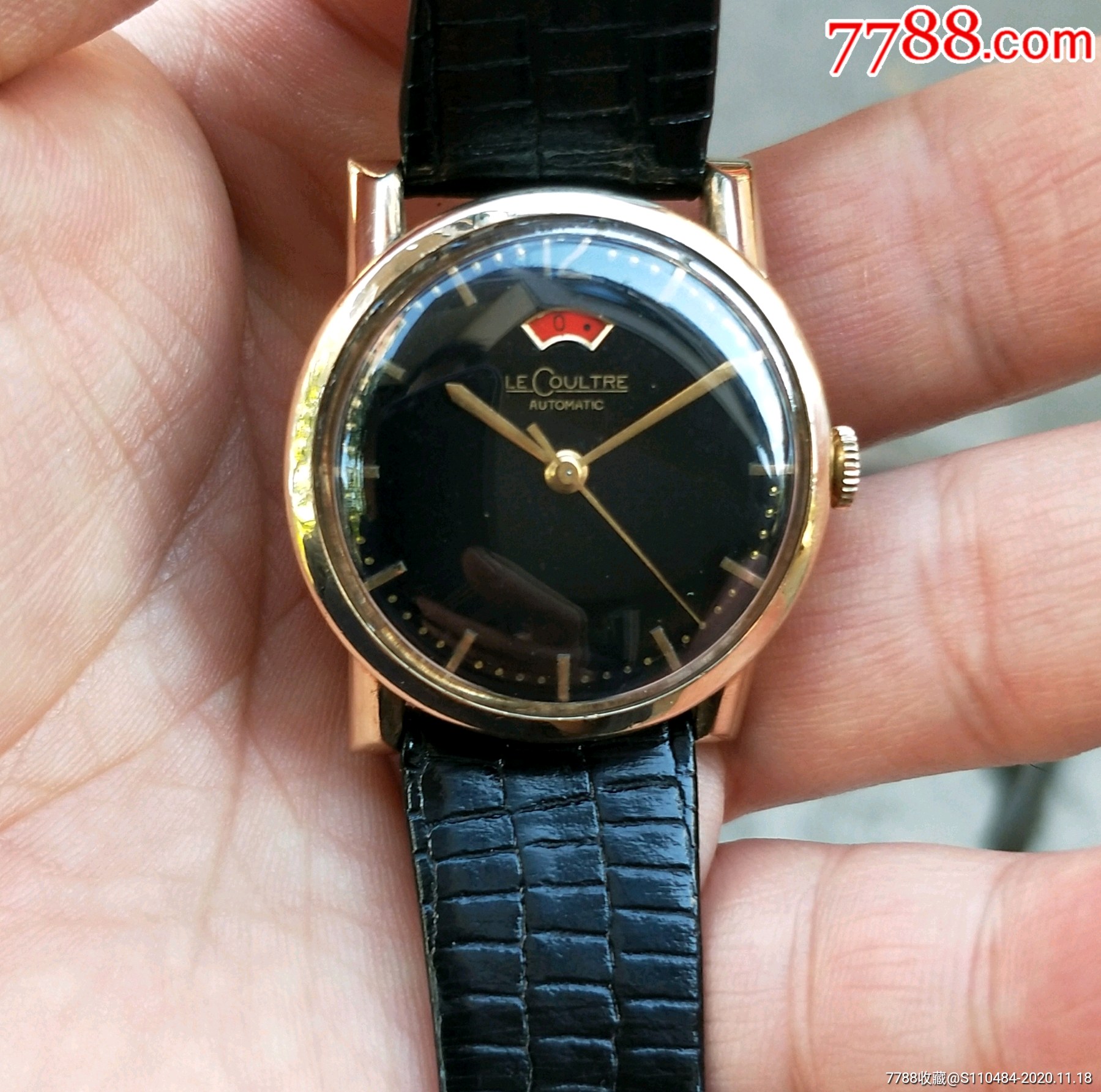 二手手表瑞士古董稀少黑盘撞陀动力显示半自动包金机械表