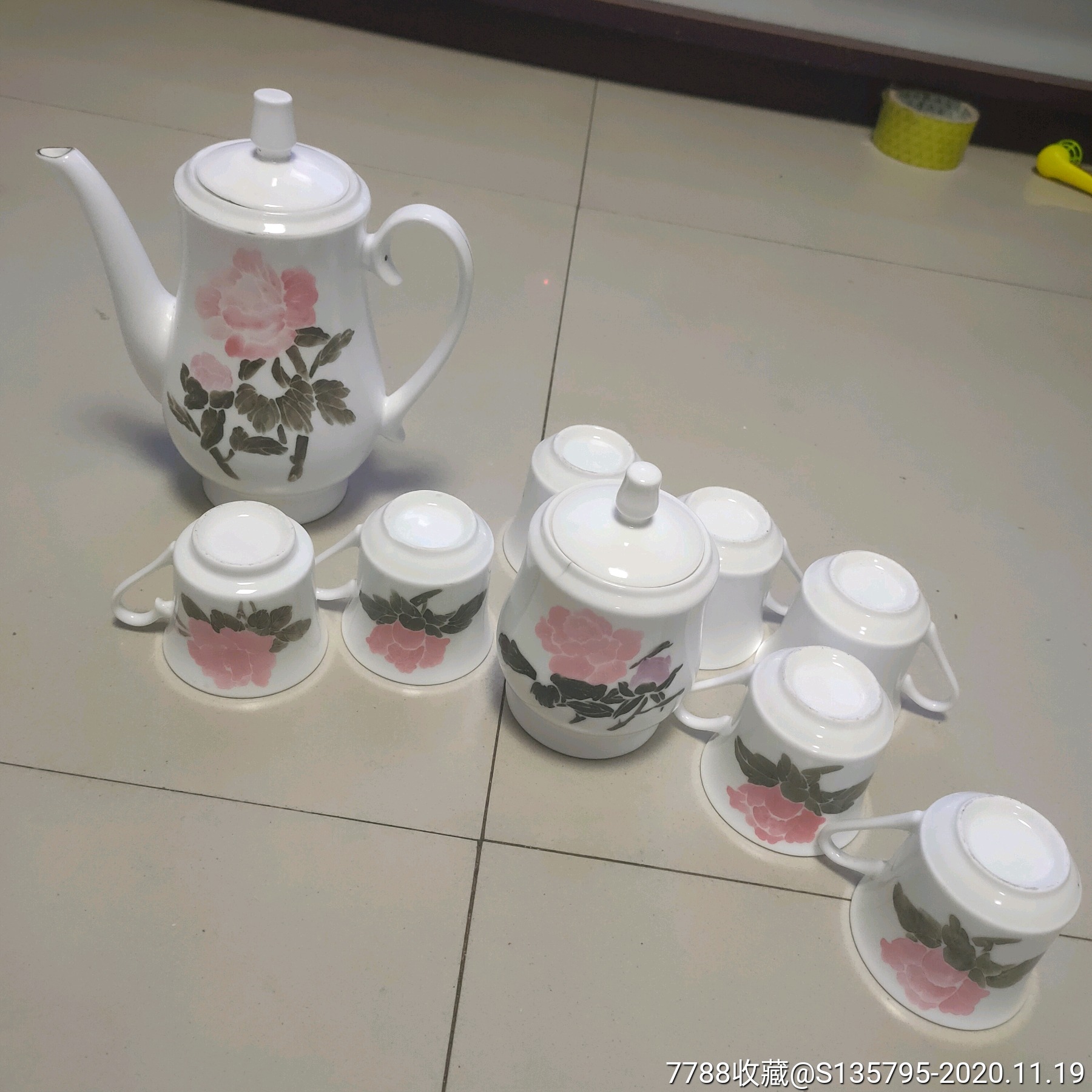 淄博老博陶高白泥滑石瓷釉下彩手绘牡丹茶具牡丹壶