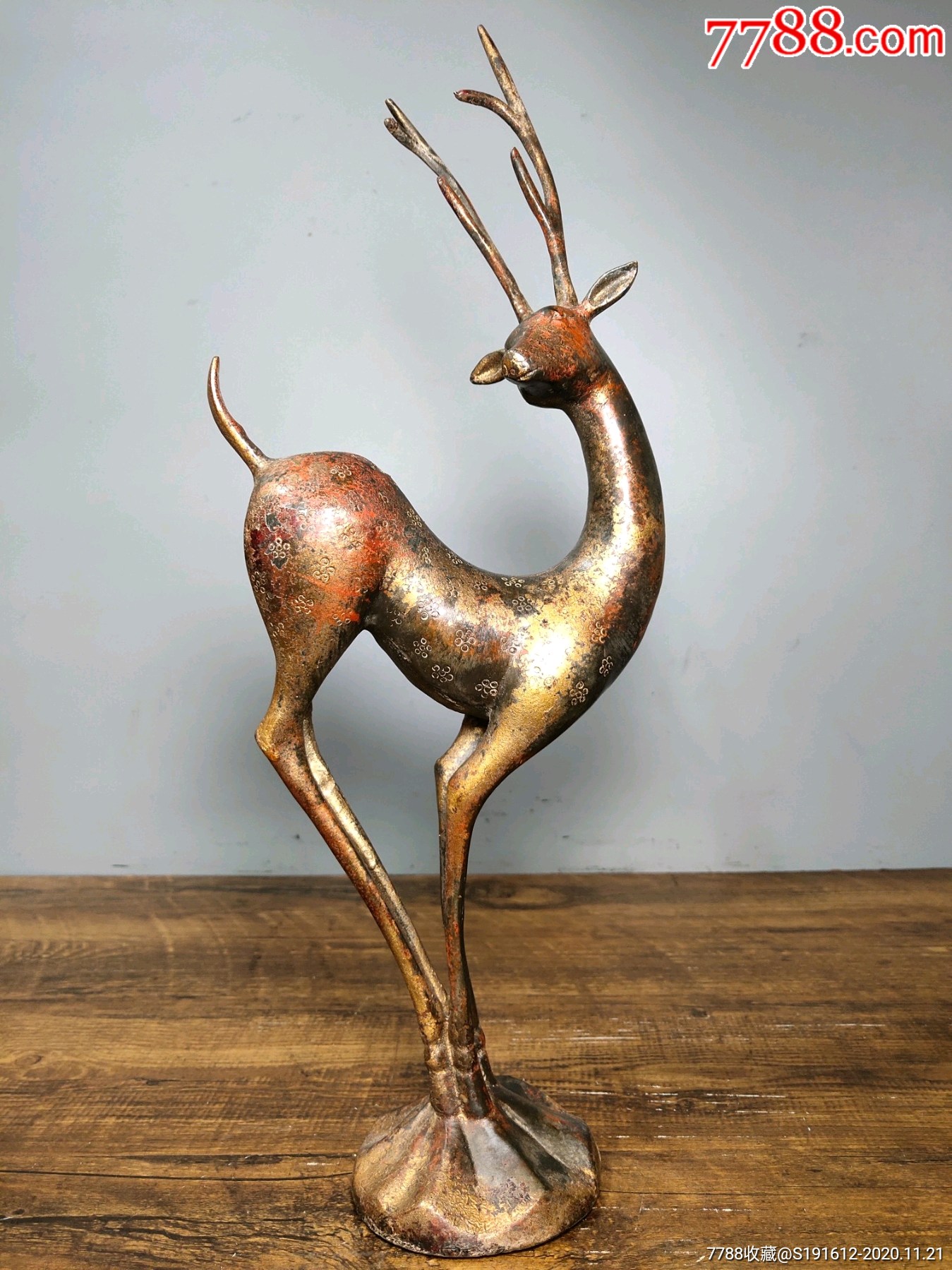 旧藏老铜胎泥金梅花鹿生财有禄招财鹿摆件高38厘米长13厘米宽75厘米