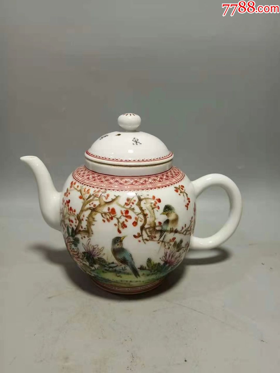 民国陶瓷美术大师刘雨岑款粉彩花鸟侧提茶壶包老包真