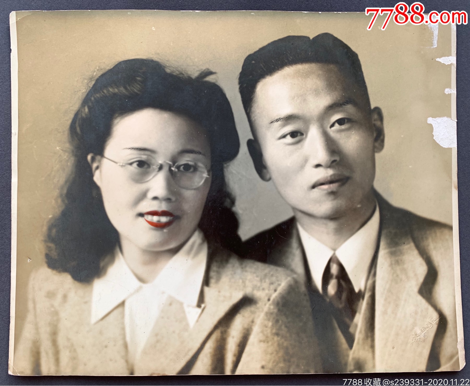 民国时期上海青鸟摄影社摄制局部手工上色沪上文人夫妇合影银盐老照片