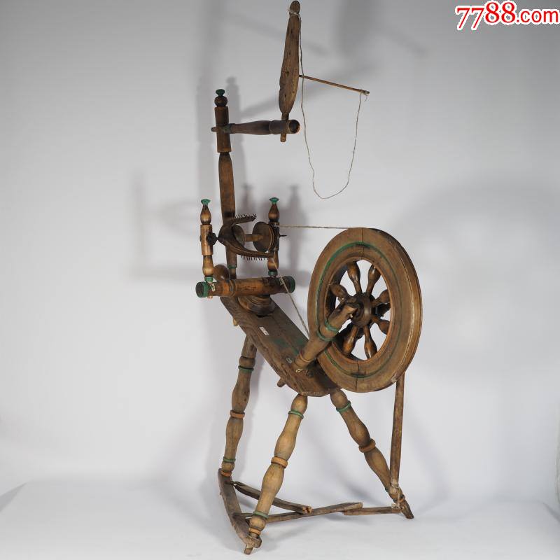 古董18*9年北欧萨克逊人木制老纺车手工纺线车瑕疵民俗收藏摆件