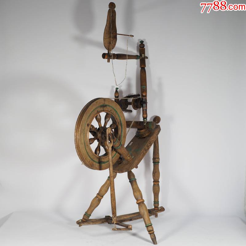古董18*9年北欧萨克逊人木制老纺车手工纺线车瑕疵民俗收藏摆件