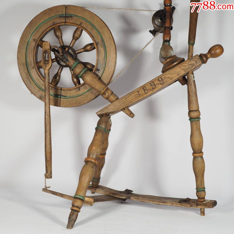 古董18*9年北欧萨克逊人木制老纺车手工纺线车瑕疵民俗收藏摆件