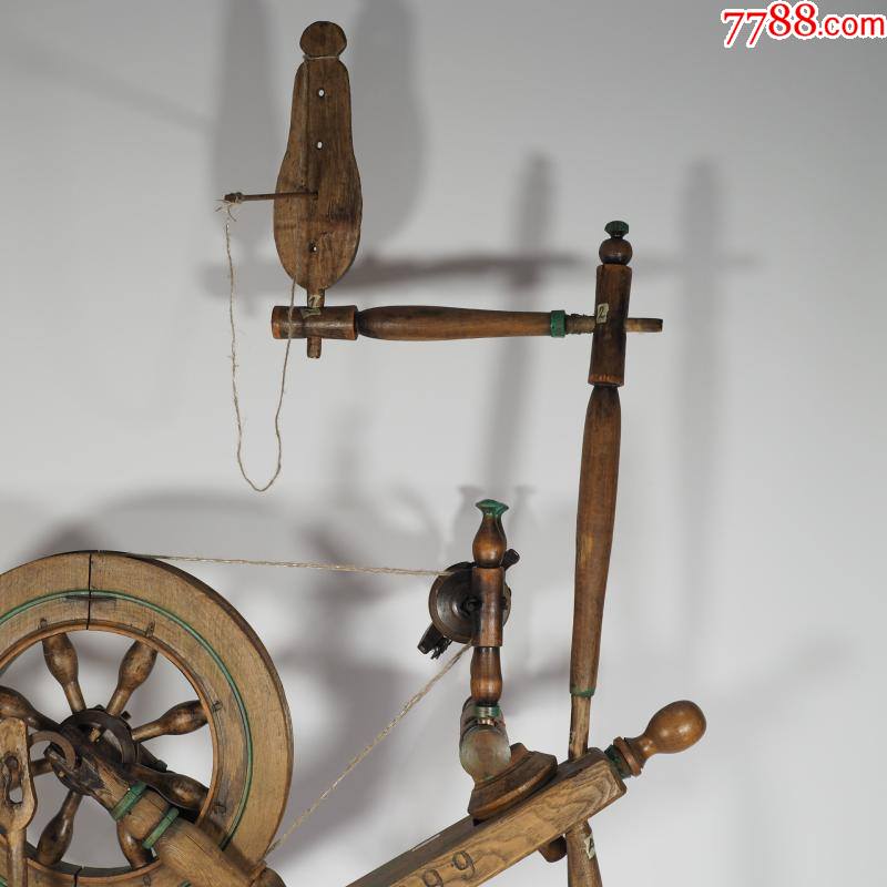 古董18*9年北欧萨克逊人木制老纺车手工纺线车瑕疵民俗收藏摆件