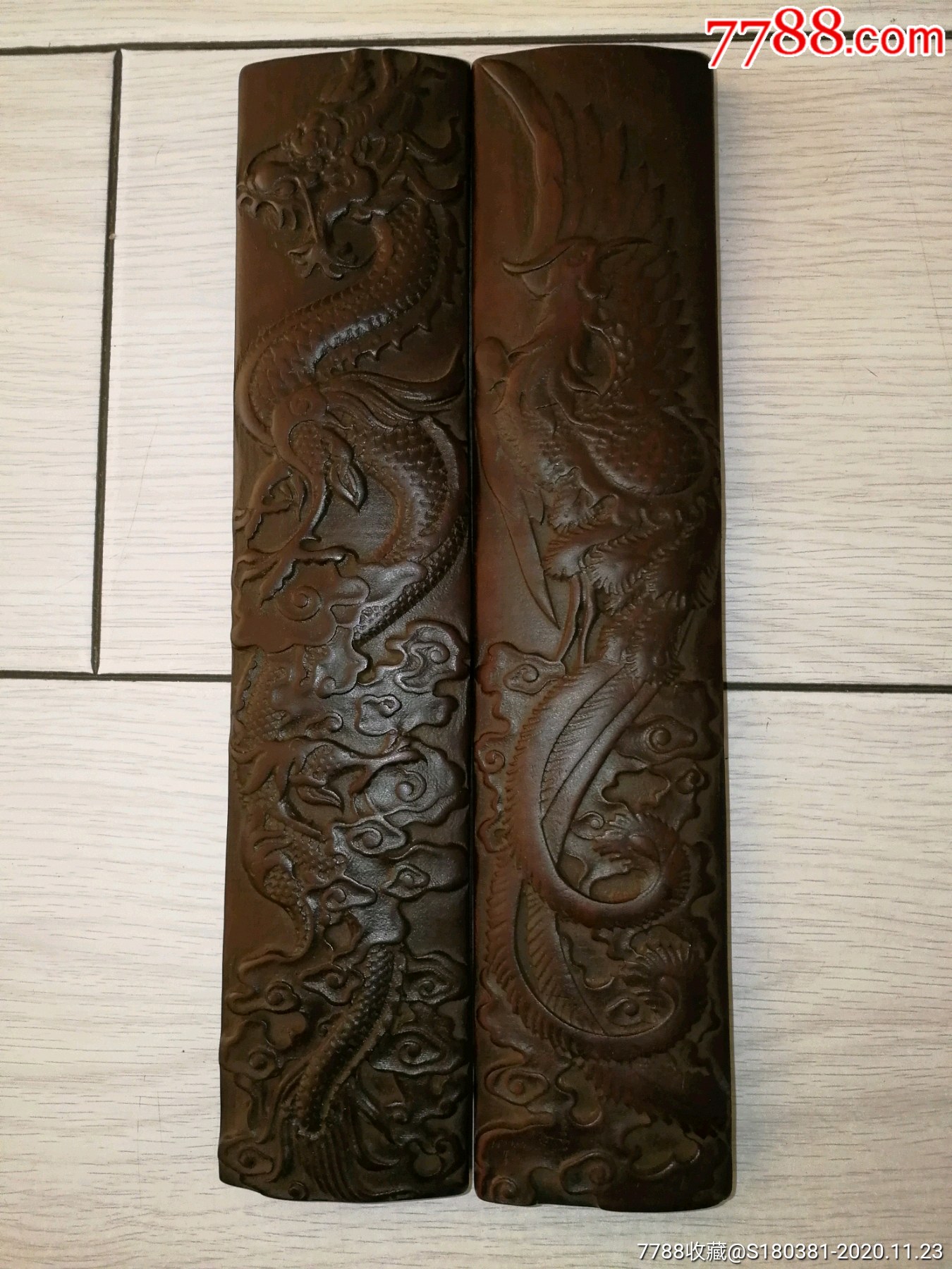 收藏实木紫檀木文房镇尺压纸镇纸一对文房摆件木质雕刻龙凤呈祥镇尺