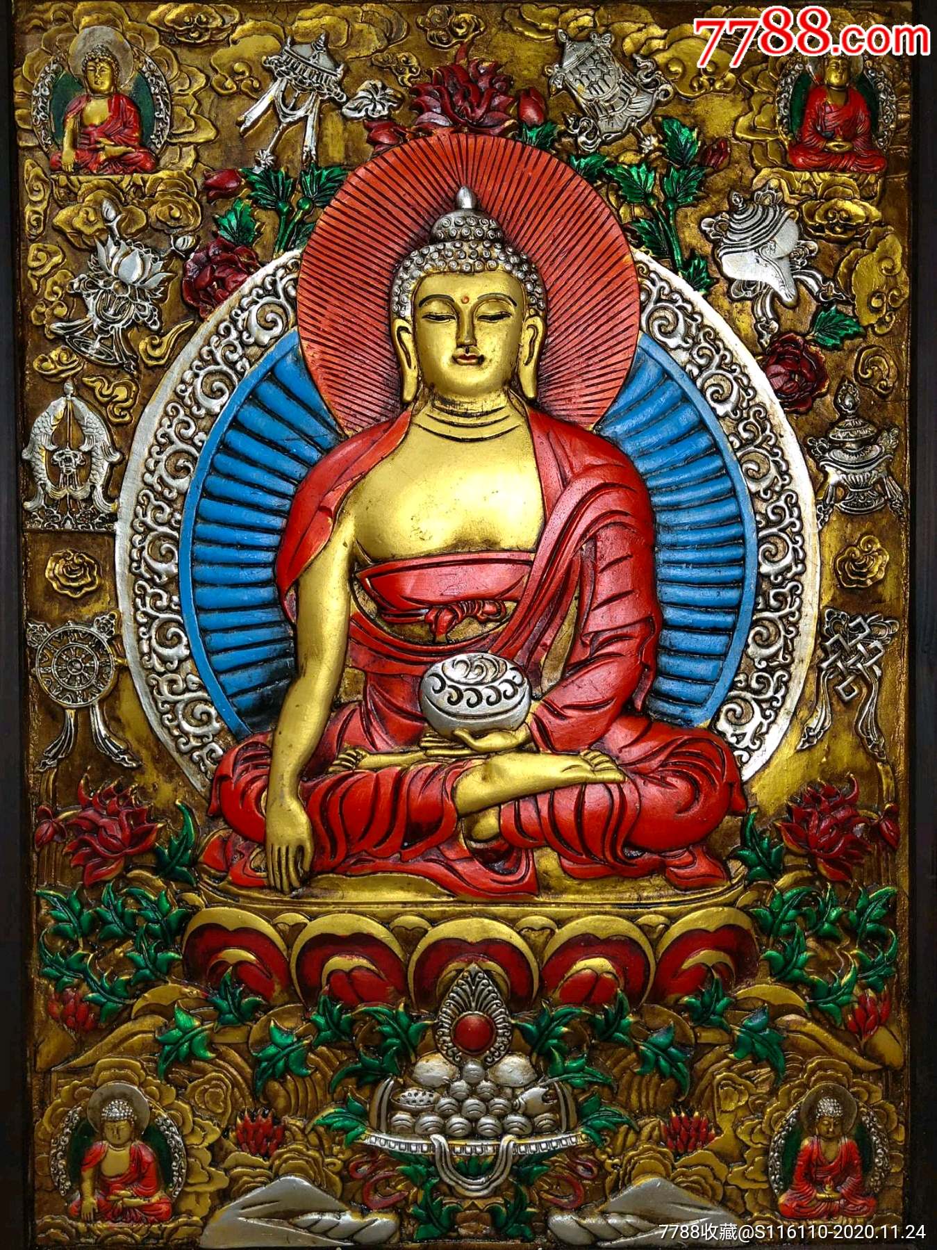 旧藏木框彩绘唐卡佛像释迦牟尼药师佛一尊恭请供奉家居装饰挂画