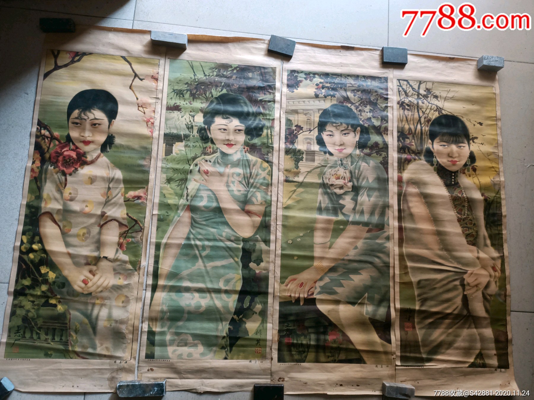 民国青岛祥瑞行发美术印务馆印,名家绘时装美女四美图年画四条屏.
