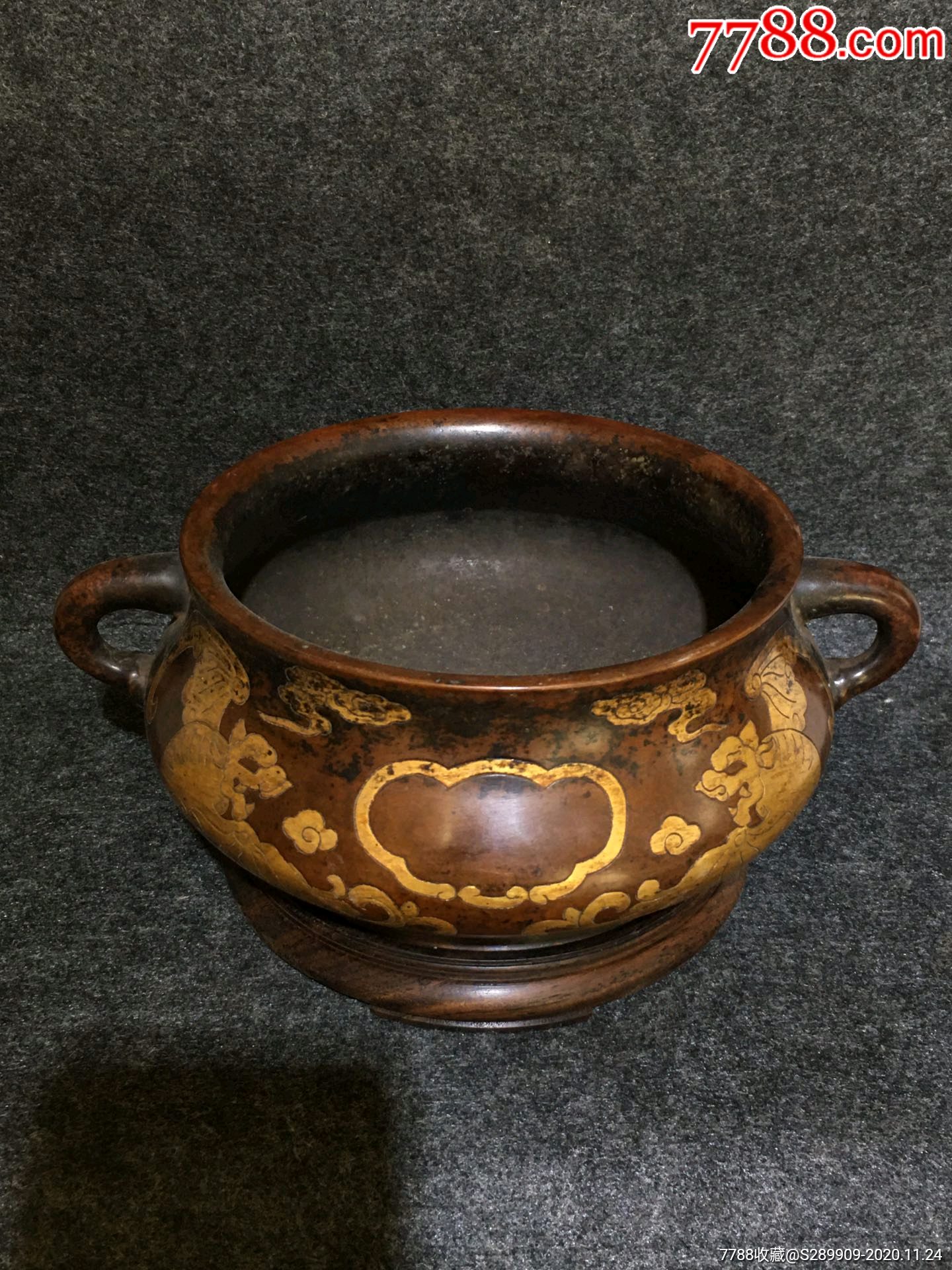 紫铜鎏金福到眼前贯耳铜香炉!