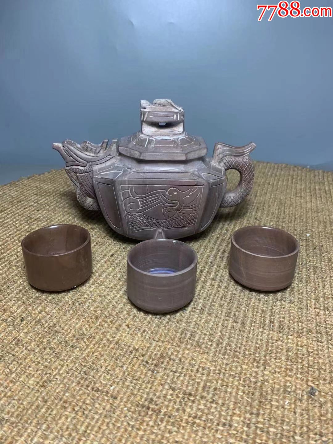 老木鱼石纯手工雕刻造型茶壶茶具一套