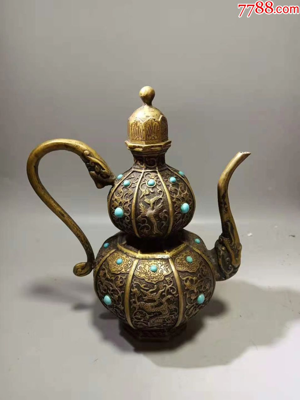 乾隆年制黄铜鎏金錾云龙葫芦式执壶-铜壶/铜瓶-7788铜器收藏