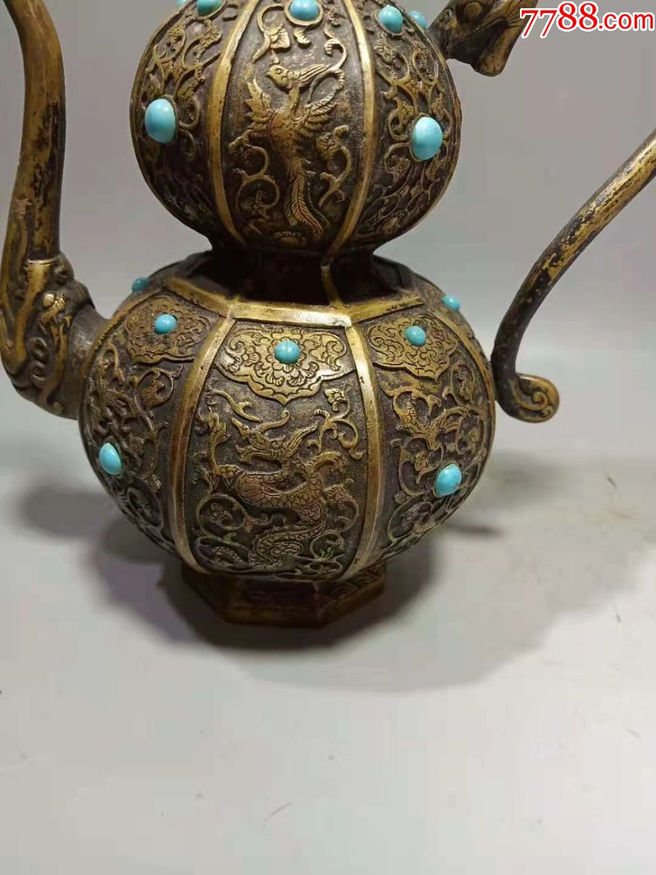 乾隆年制黄铜鎏金錾云龙葫芦式执壶-铜壶/铜瓶-7788陶瓷