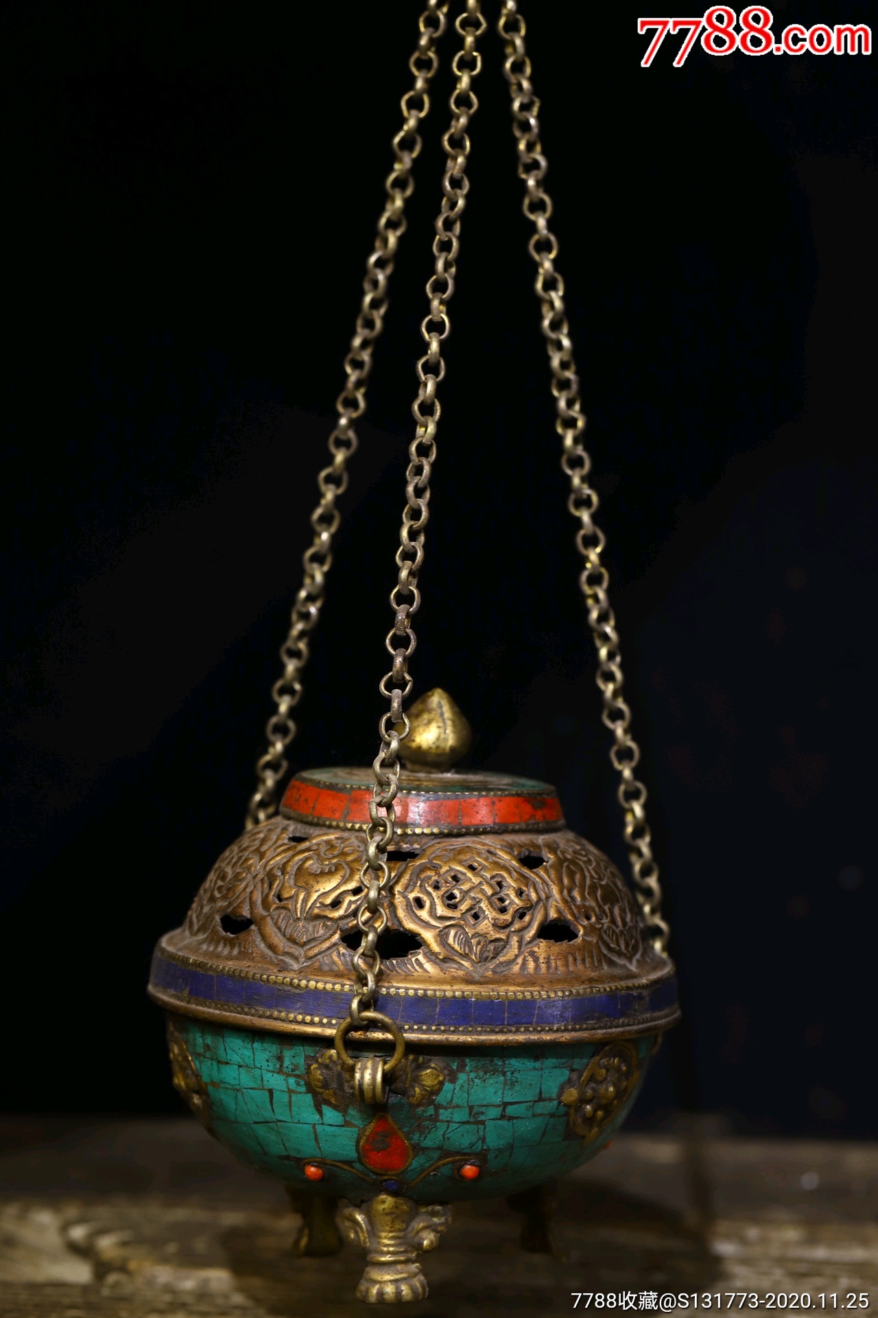 藏地回流铜熏香炉铜胎纯手工敲打錾刻镶嵌熏炉高28㎝宽10㎝重约260克