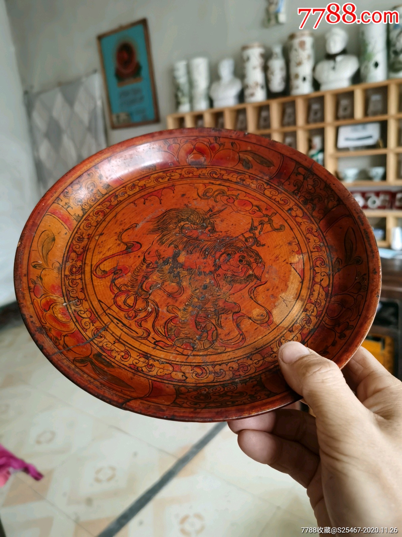 晚清民国手绘狮子大木盘