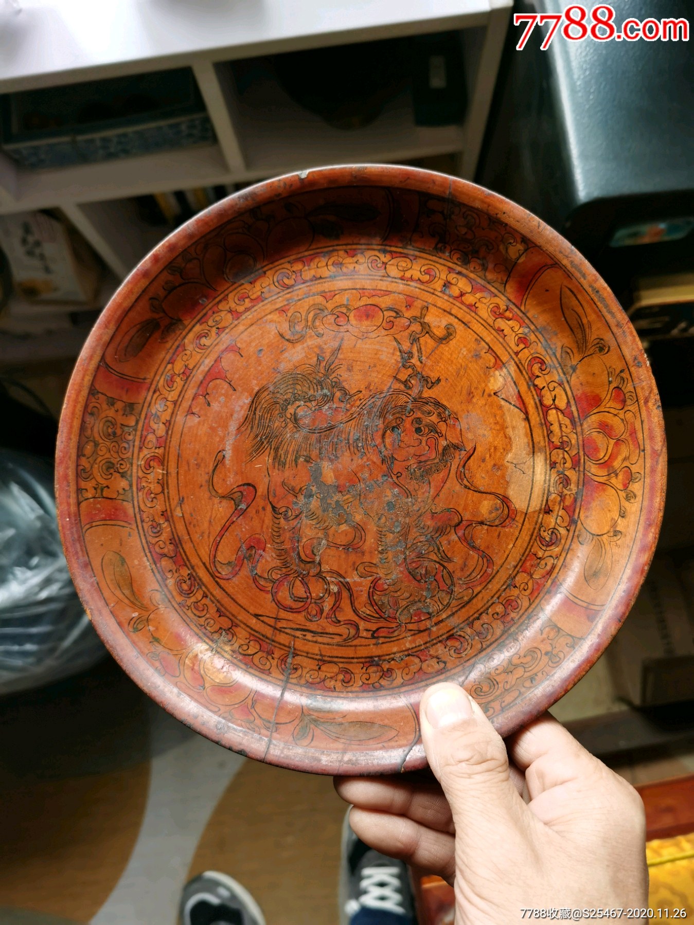 晚清民国手绘狮子大木盘