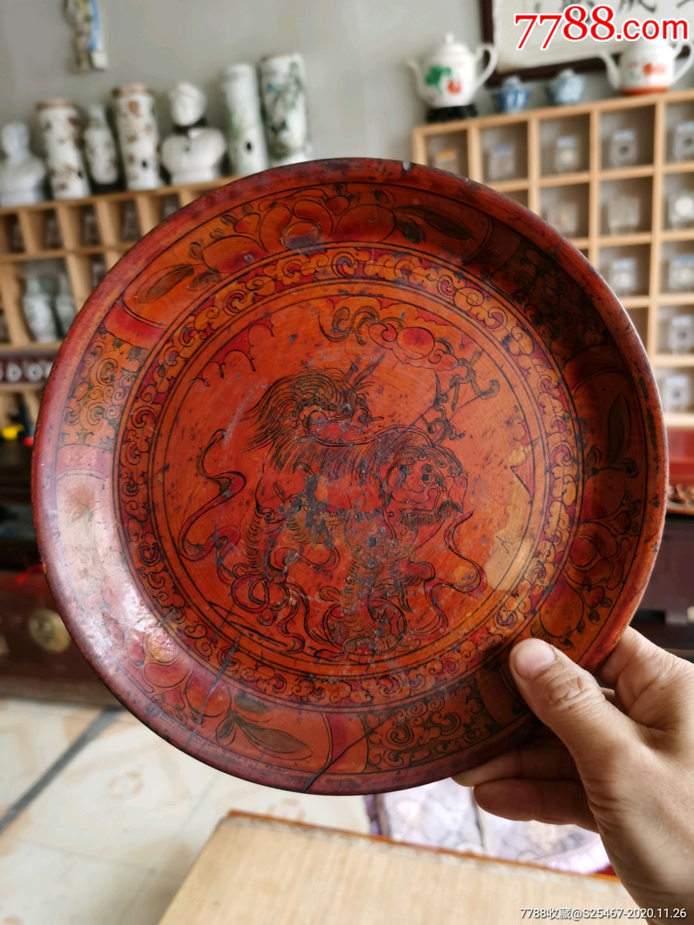 晚清民国手绘狮子大木盘
