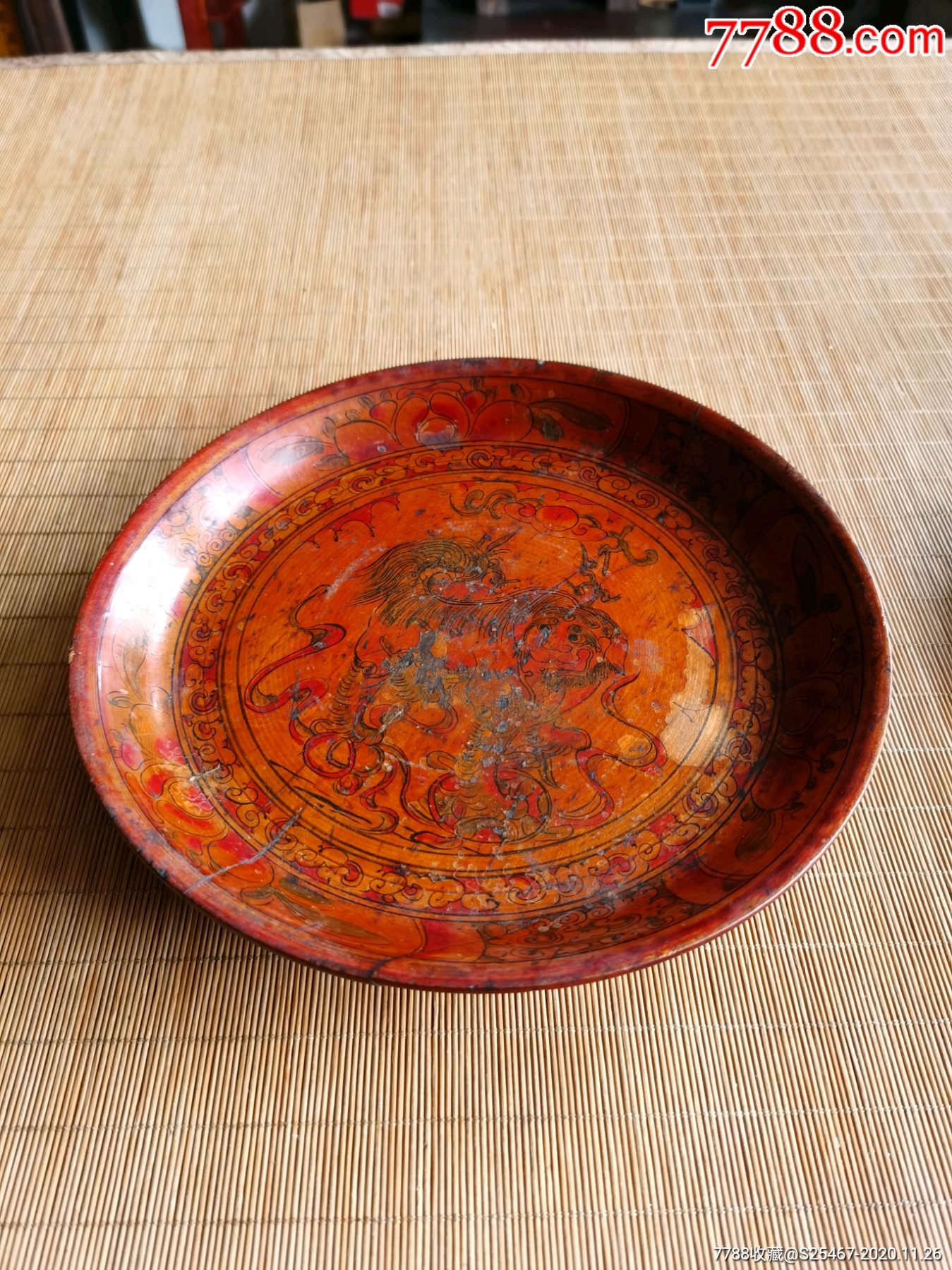 晚清民国手绘狮子大木盘