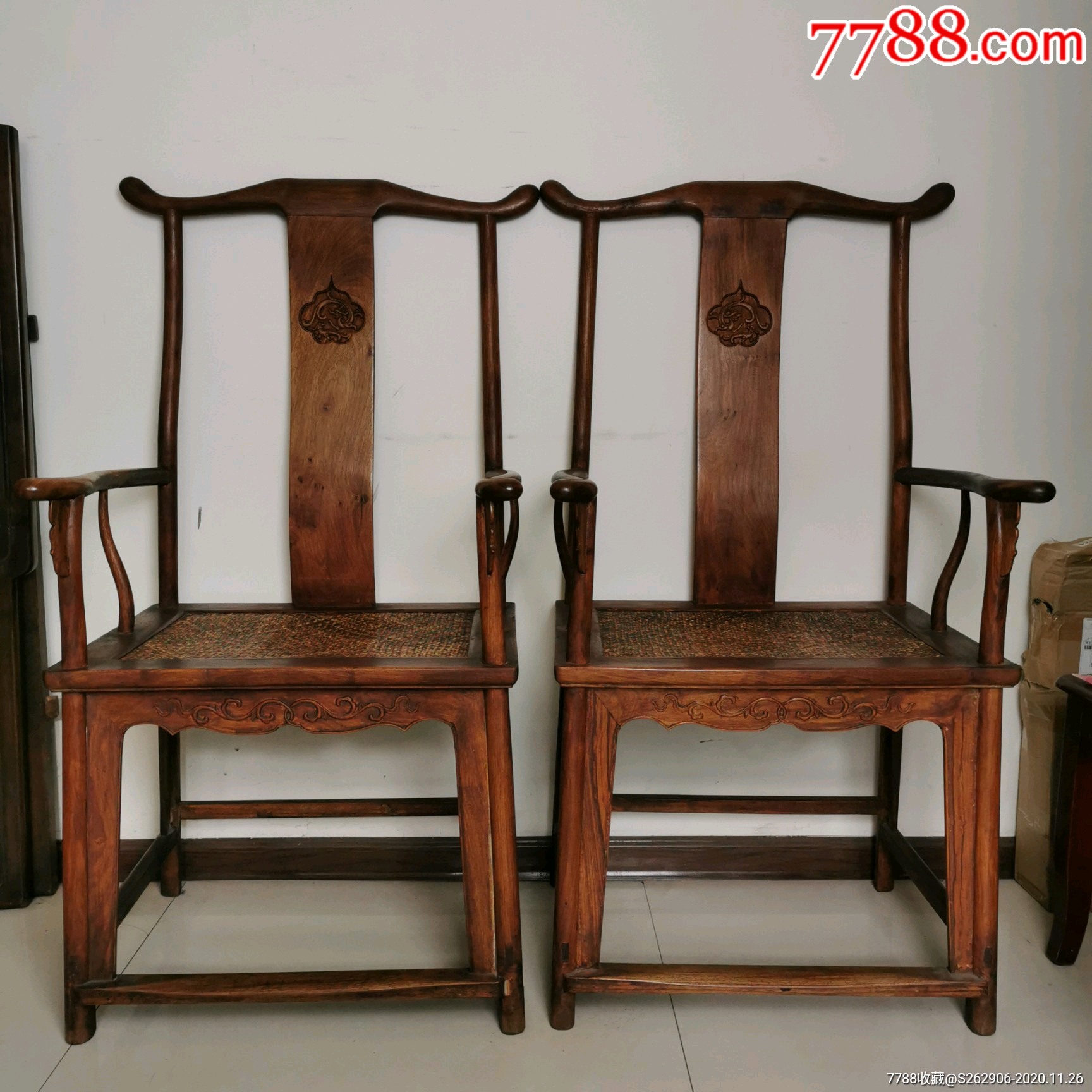 清代核桃木藤面四出头官帽椅一对-价格:12800元-se76860775-木椅/凳-零售-7788收藏__收藏热线