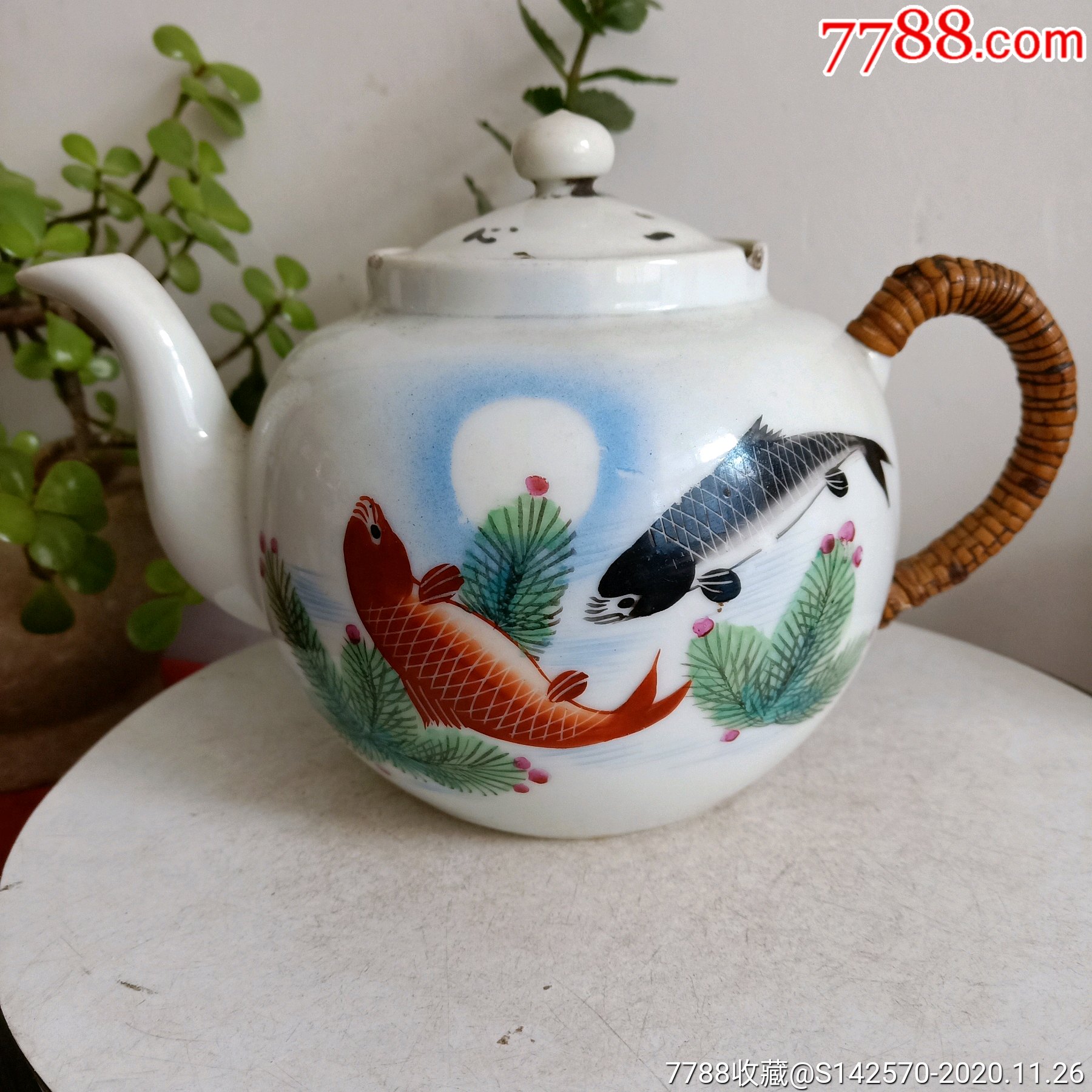 建国前后醴陵瓷金鱼茶壶口延盖子微磕余全品如图保老保真