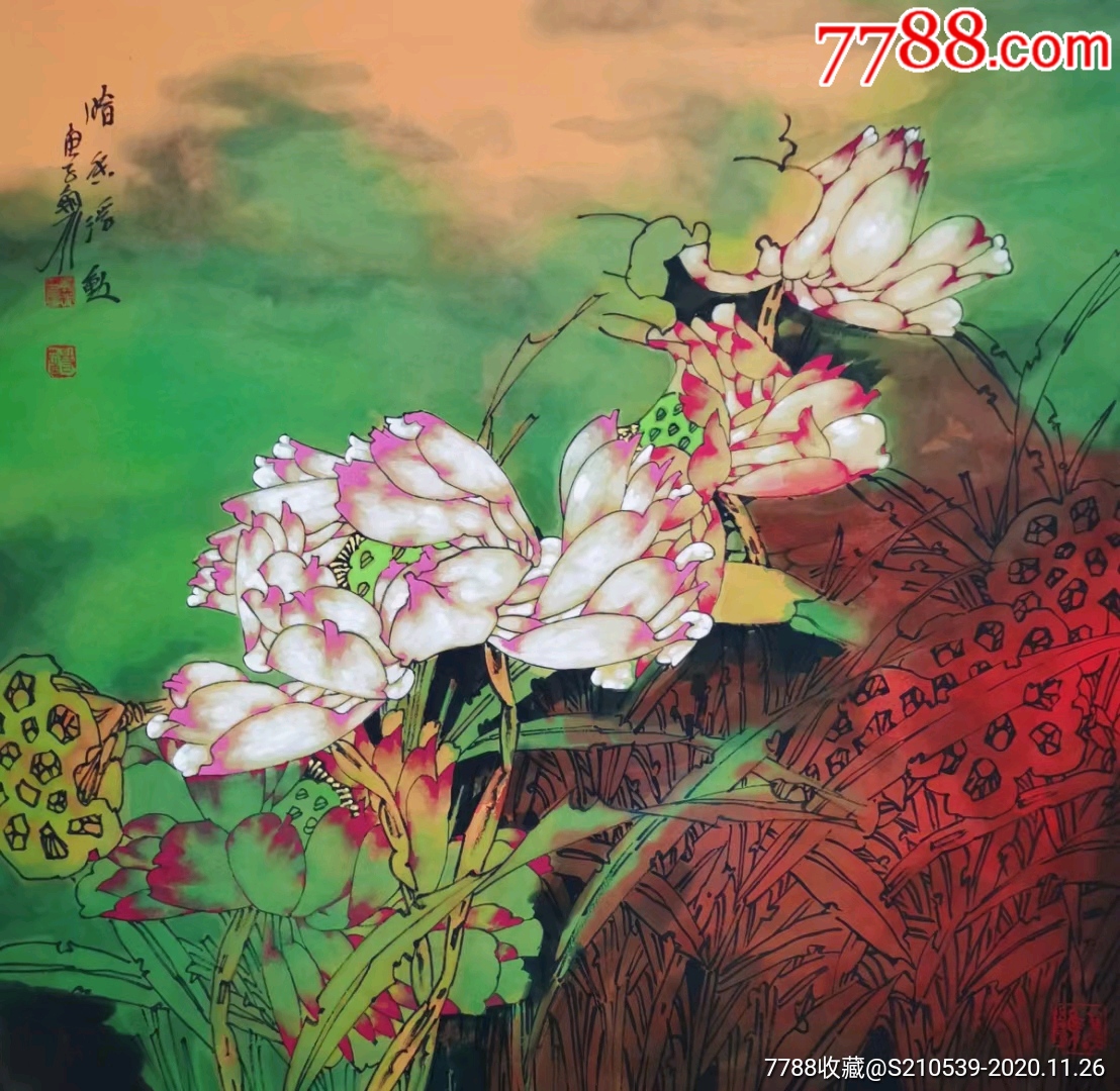 重彩荷花原创,现货四尺斗方尺寸:68x68cm-人物国画原作-7788烟酒茶牌