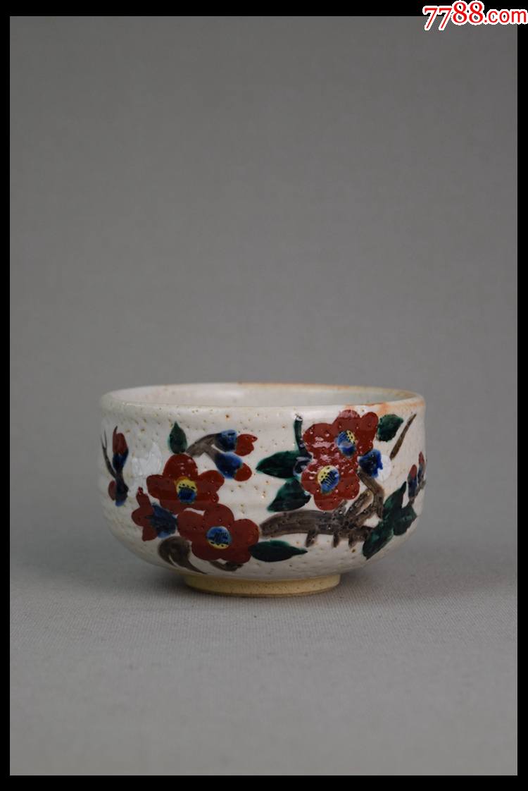 日本古董瓷器九谷烧松月作雪地梅花茶碗文人趣味清隽淡雅高级礼品