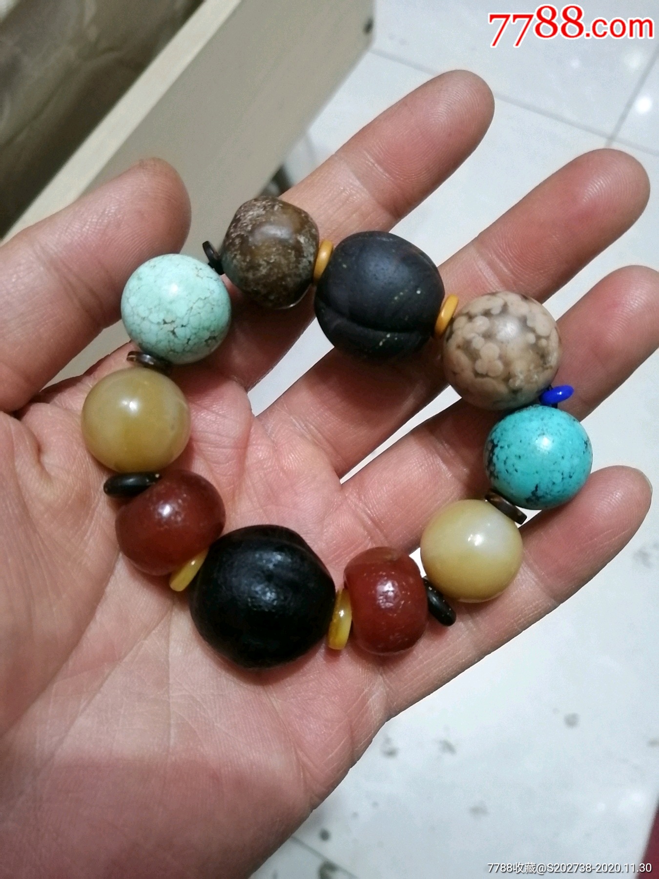 多宝串有和田糖玉绿松石玛瑙琉璃珠子_玛瑙/宝石手串_第1张_7788画册