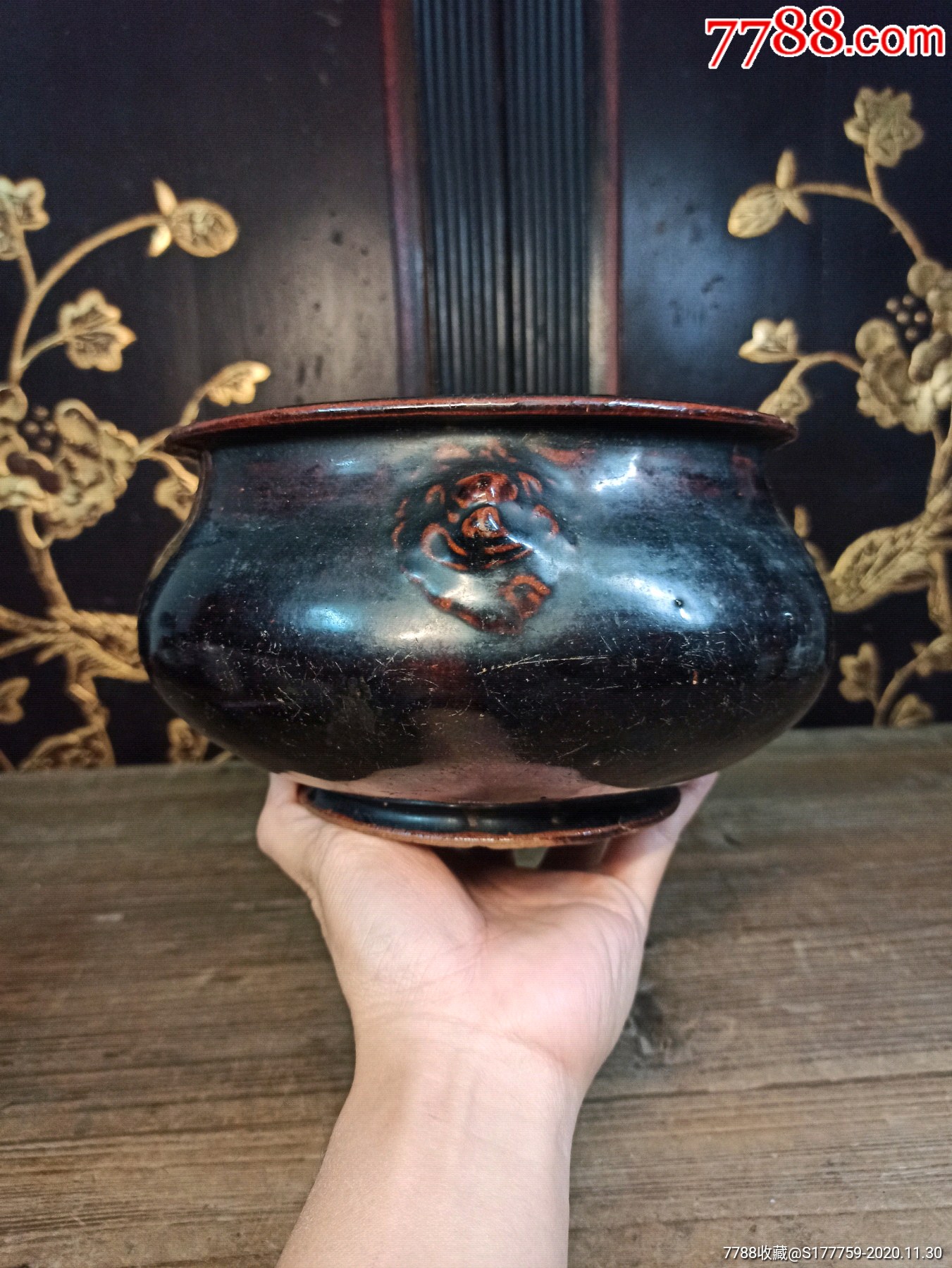 清晚乌金釉大号兽首文房香炉大尺寸口径19cmx高11cm.双兽首,折口,造型