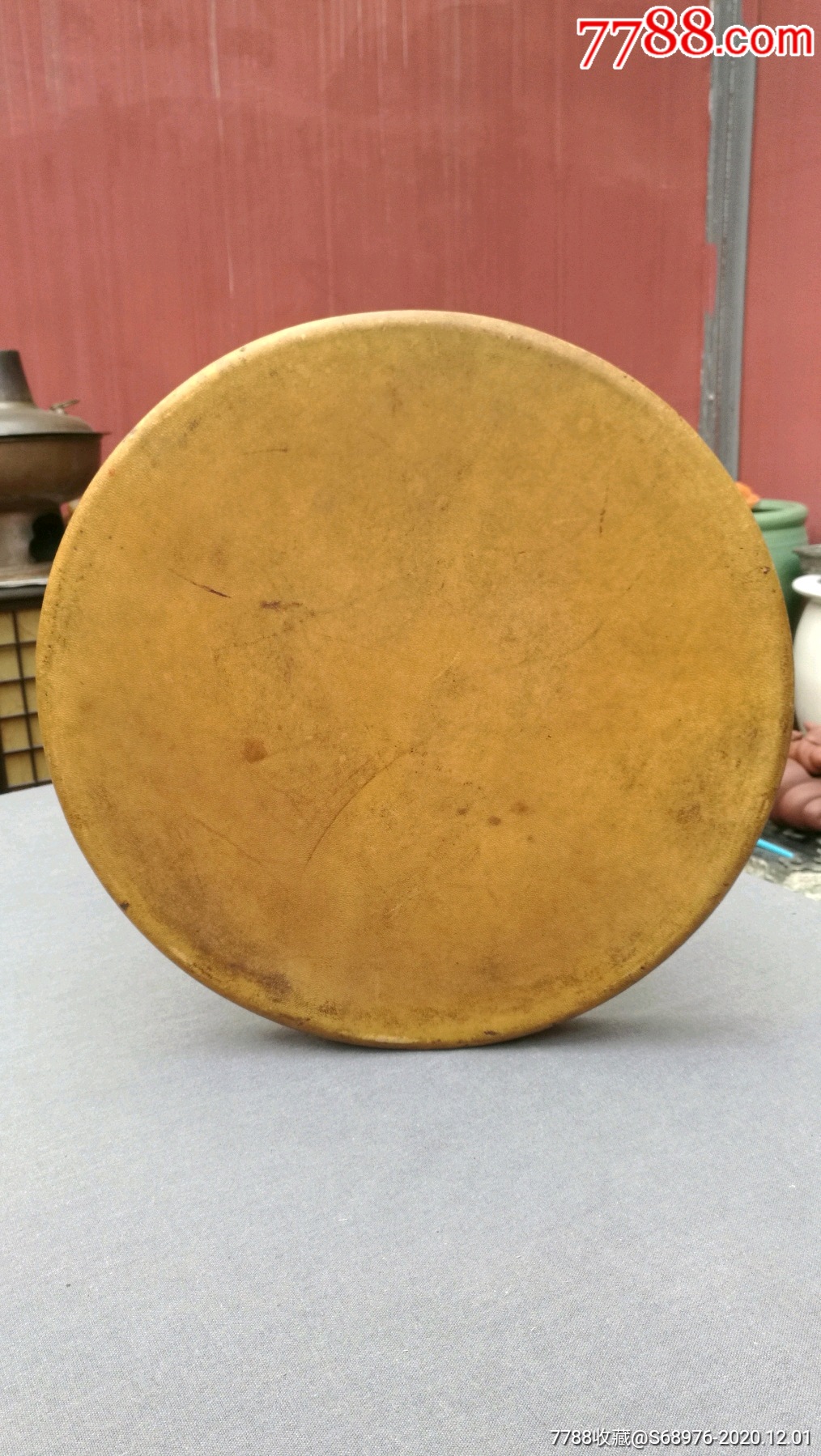 老手鼓,6070年代羊皮手鼓,直径38cm,边宽4cm,缺2个环(见图)皮质优