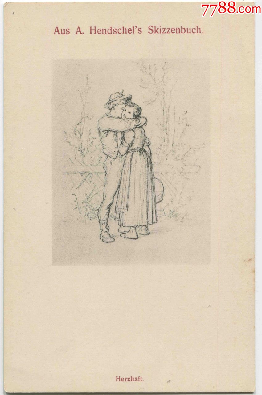 德国1900s空白明信片hendschel素描拥抱的青年男女card