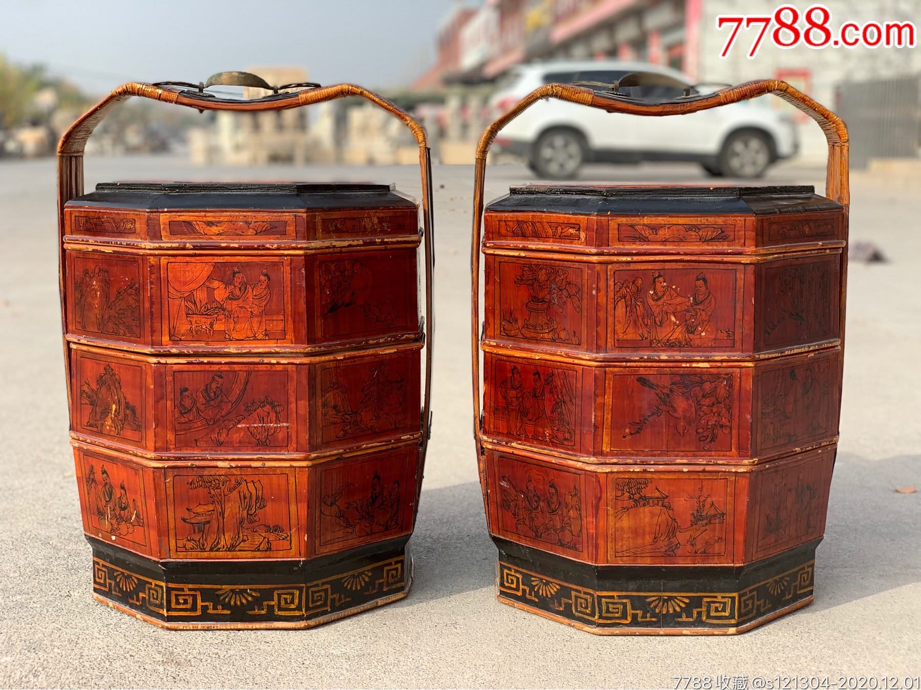 民国柏木彩绘食盒一对民俗老物件