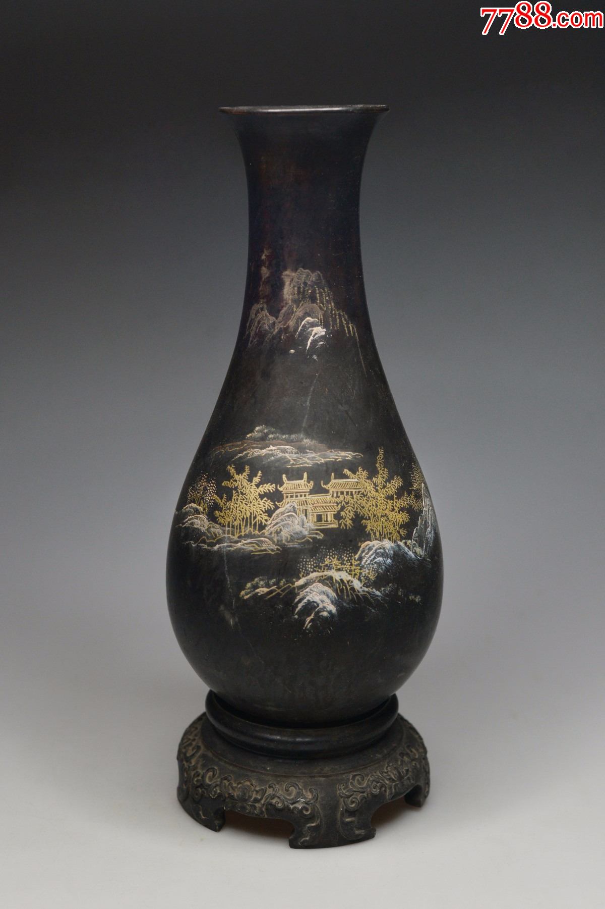 文革福州脱胎漆器手绘70年代80年代山水亭台楼阁茶道老花瓶插花器