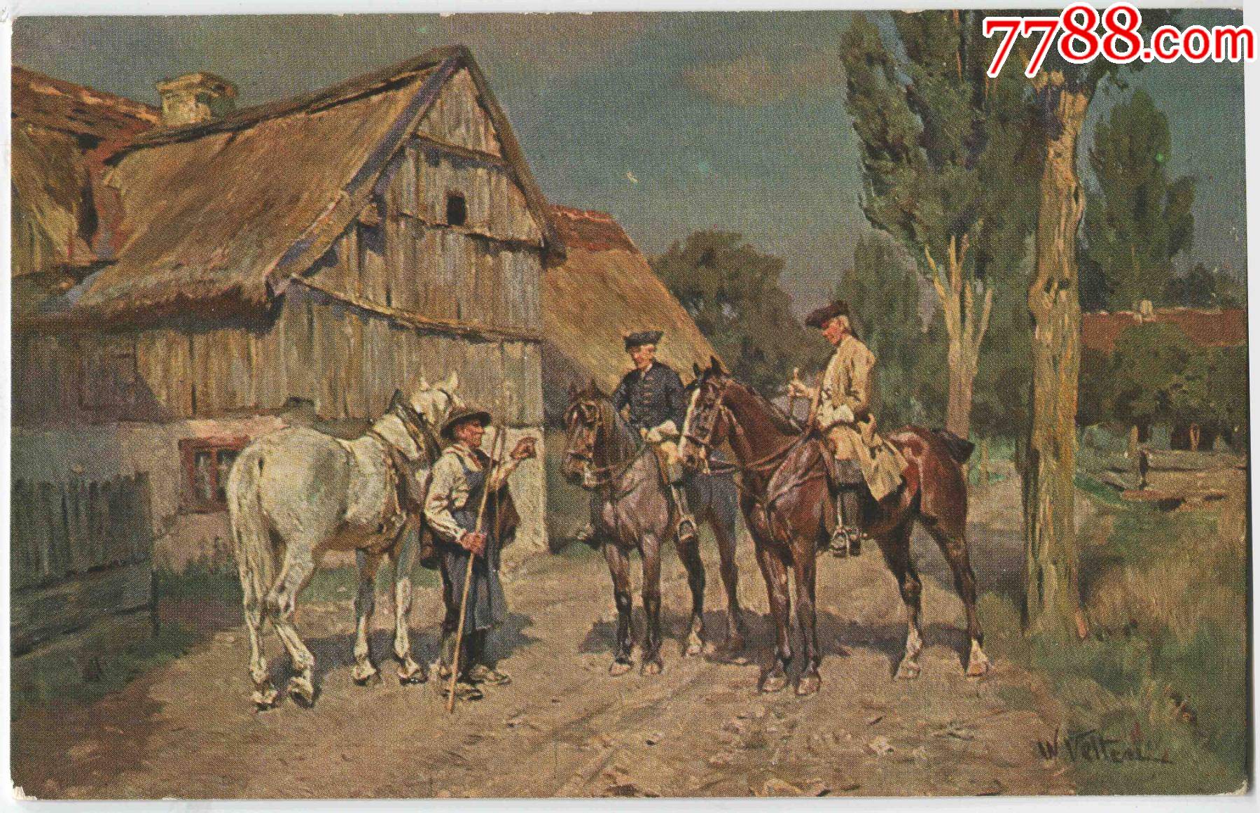 早期1900-40s空白明信片骑马的男人与牵马的男人card-c-01