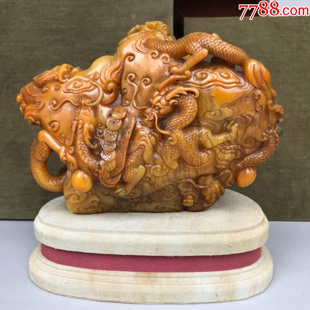 田黄石手工雕刻九龙镂空笔筒印章摆件_寿山石_图片鉴别_收藏价格_7788