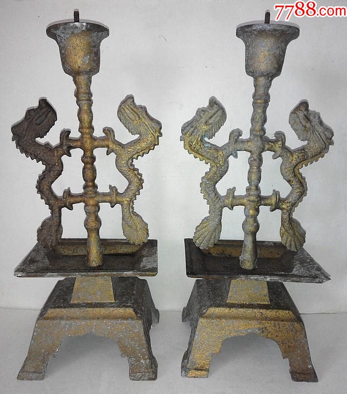 怀旧早期铸铝双龙老蜡台老烛台一对