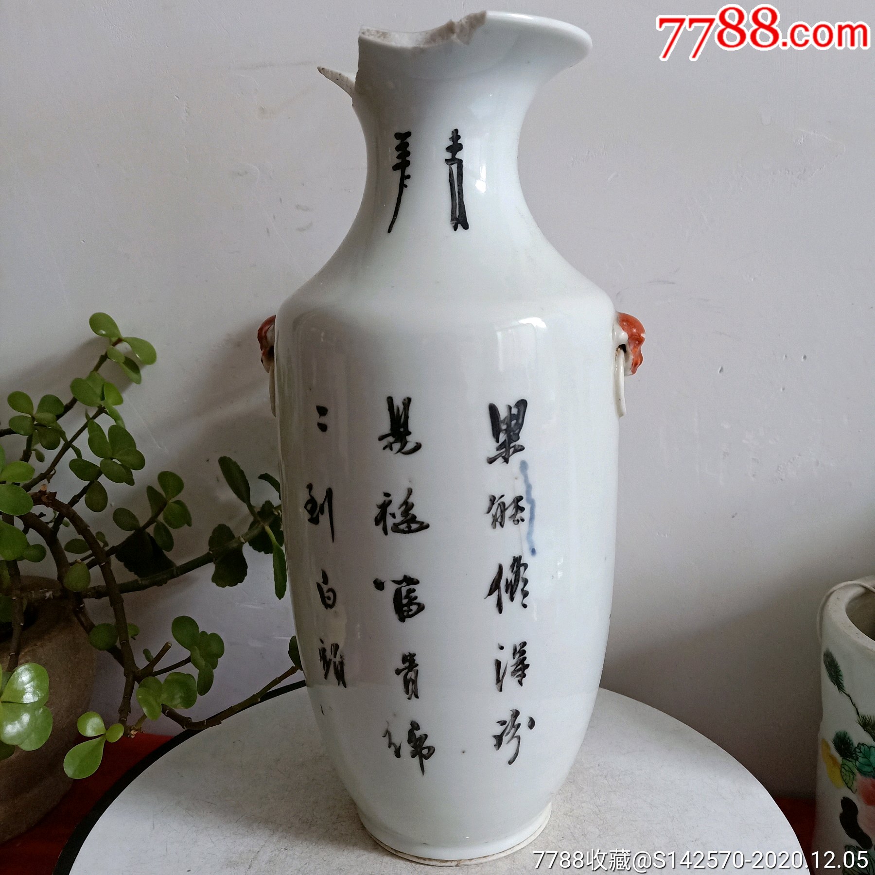 晚清名家张子帅作品浅绛彩富贵白头尺瓶口残背面有二里米暗线余全品