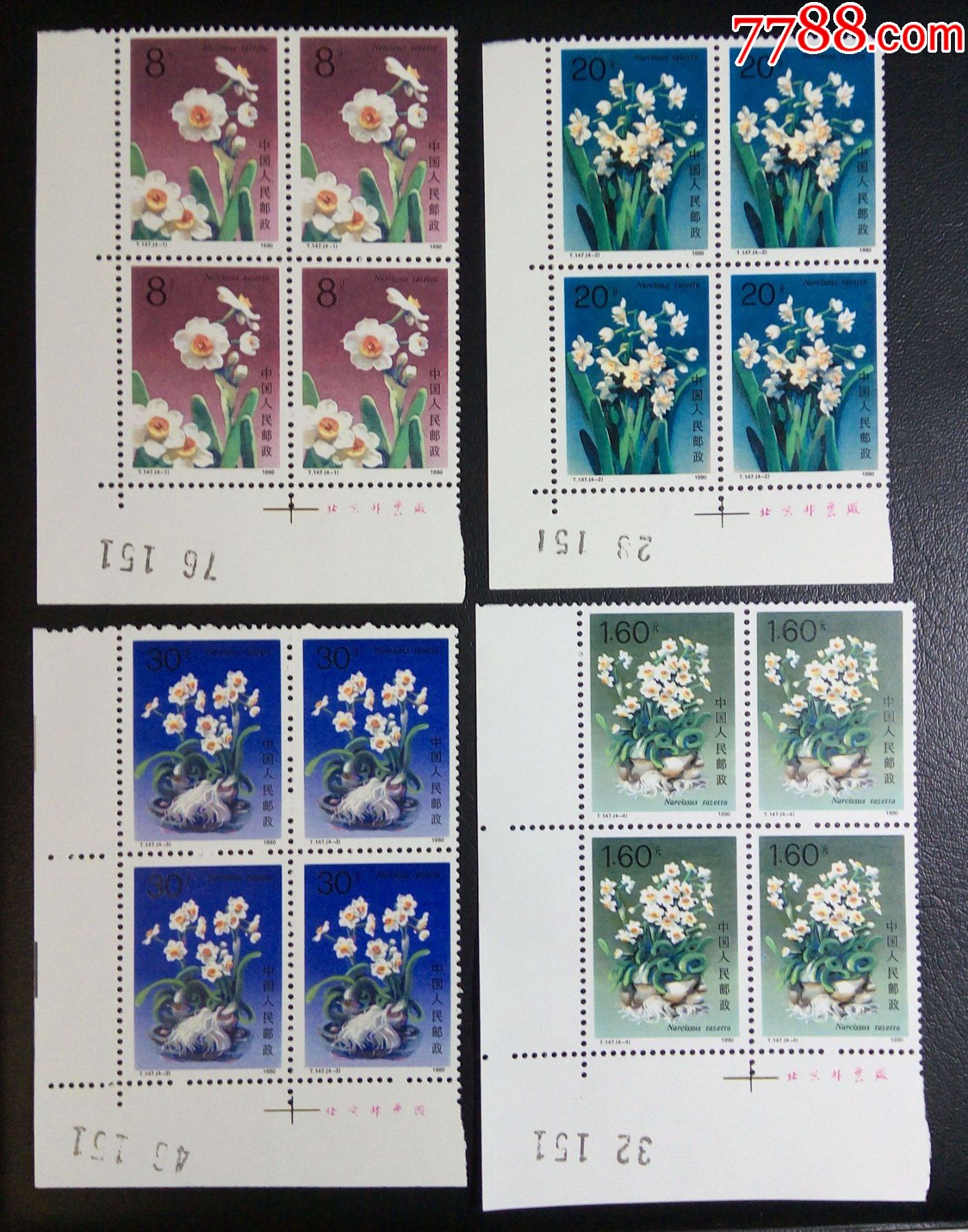 t147水仙花左下角厂名版号方联版号相同_新中国邮票_收藏行情_回收