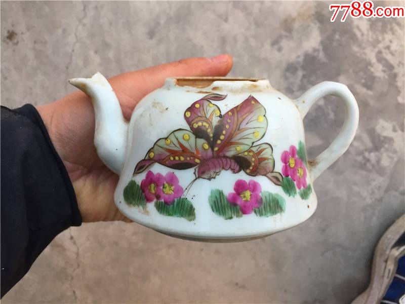 好品相建国初期醴陵款手绘蝴蝶花卉纹掌中宝茶壶瓷壶茶具茶道摆件