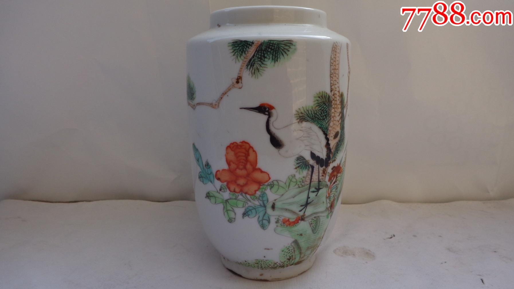 民国粉彩松鹤延年壮罐