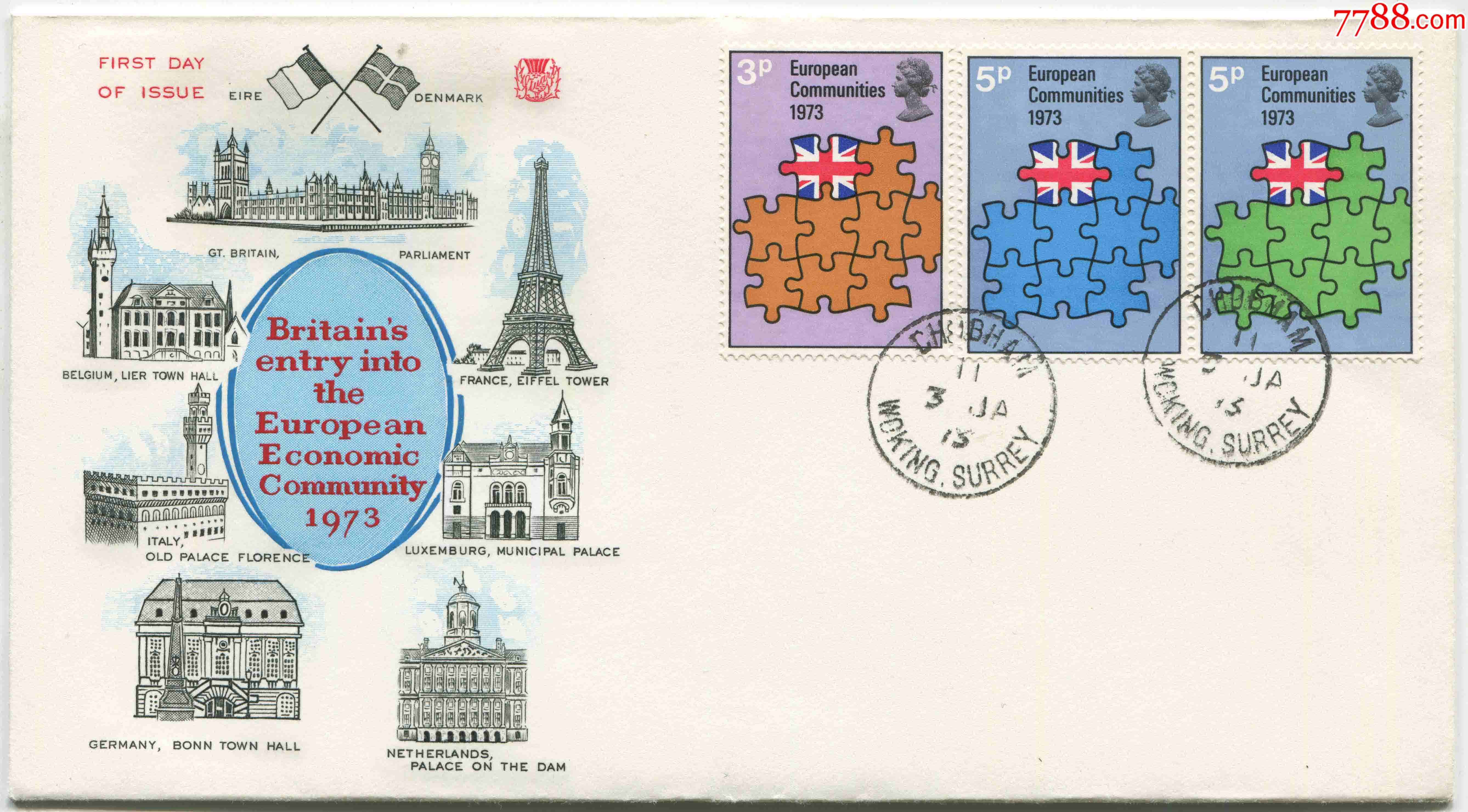 英国邮票1973年加入欧共体国旗3全首日封雕刻版封图fdc-c-02