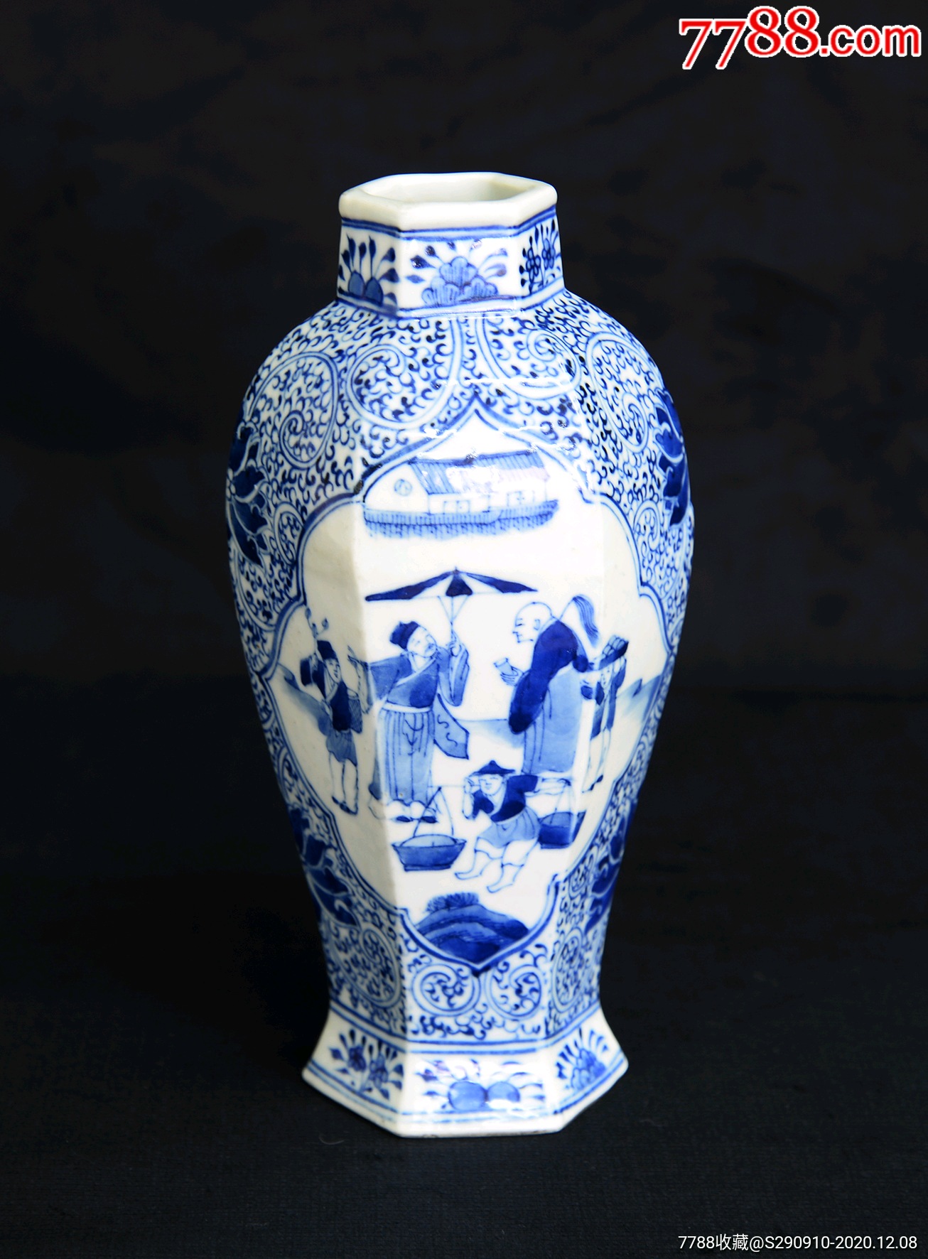 康熙青花人物故事六棱梅瓶_青花瓷_第2张_7788瓷器