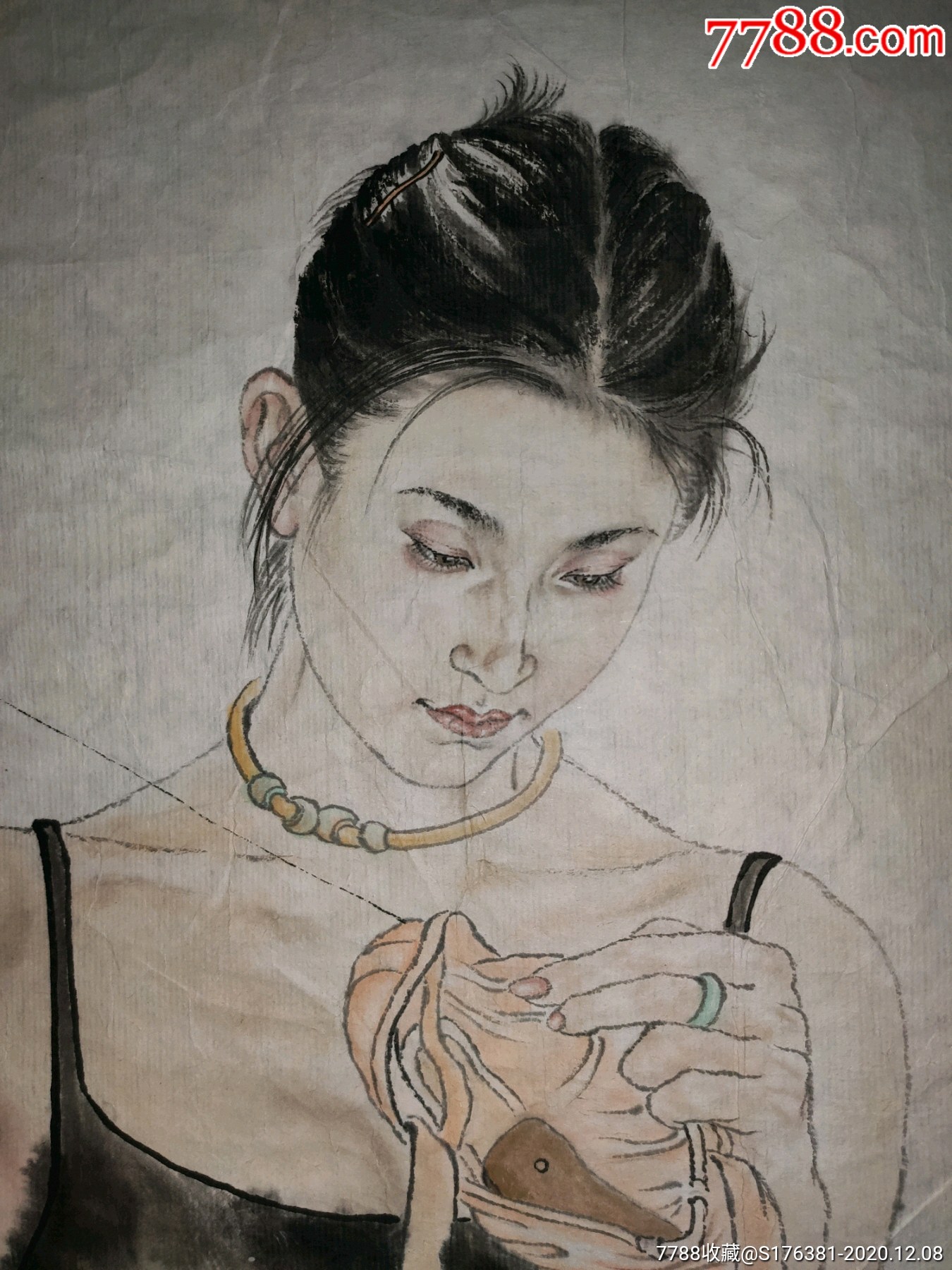 佚名何家英风格美女画像_人物国画原作_作品欣赏_收藏价值_7788字画网