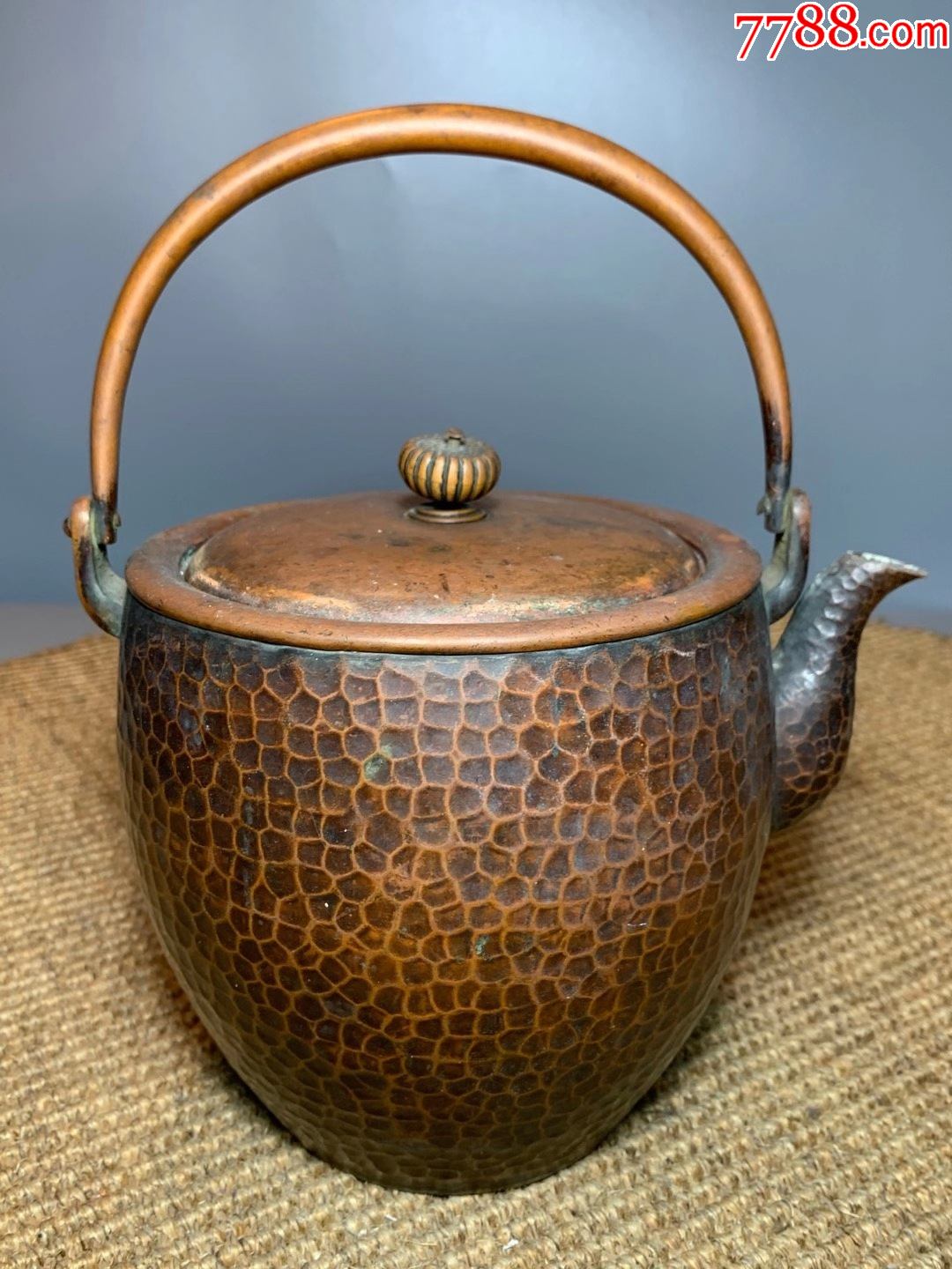 老纯铜日本全手工捶打提梁茶壶-铜壶/铜瓶-7788票证网