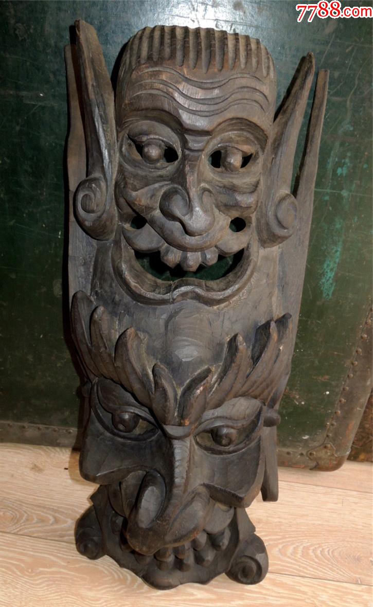 木雕收藏-边疆早期手工刻大号双头傩戏鬼戏辟邪图腾面具50cm-1.66kg