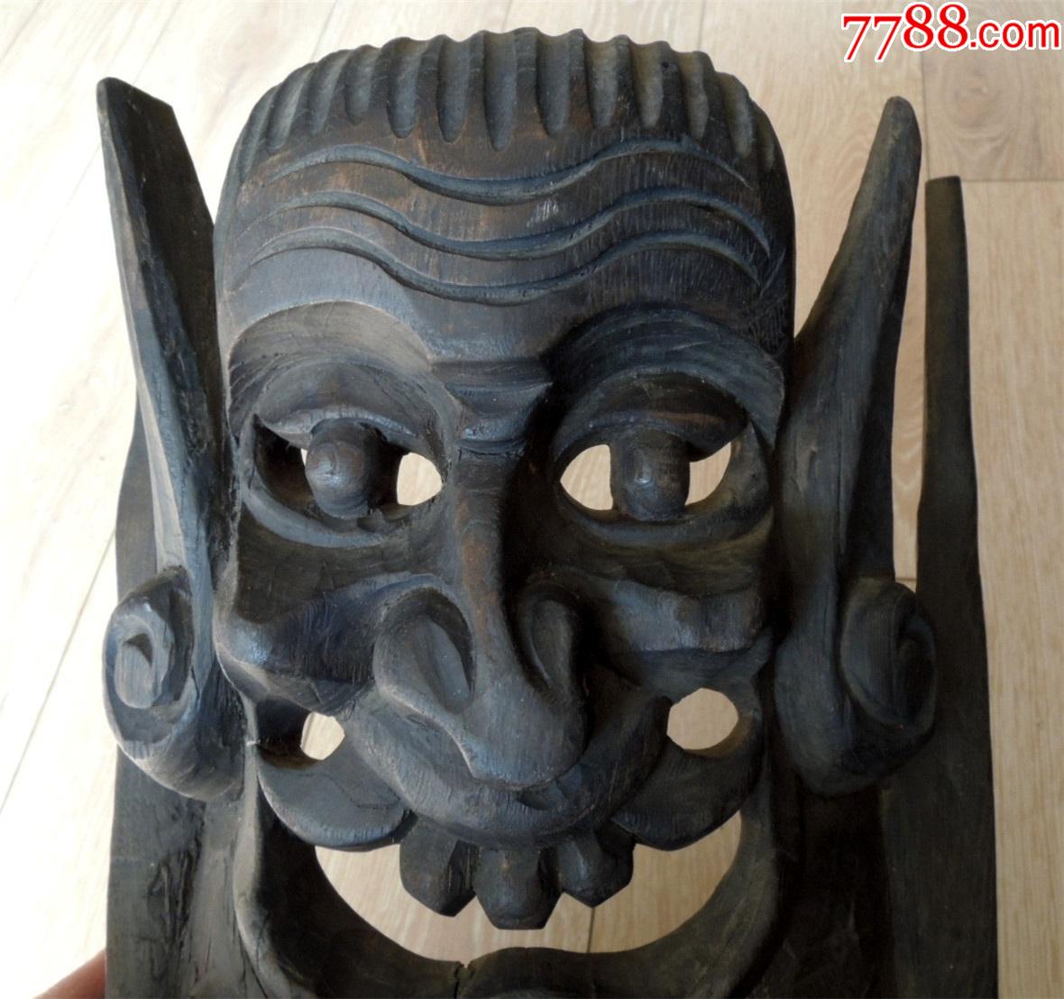 木雕收藏-边疆早期手工刻大号双头傩戏鬼戏辟邪图腾面具50cm-1.66kg